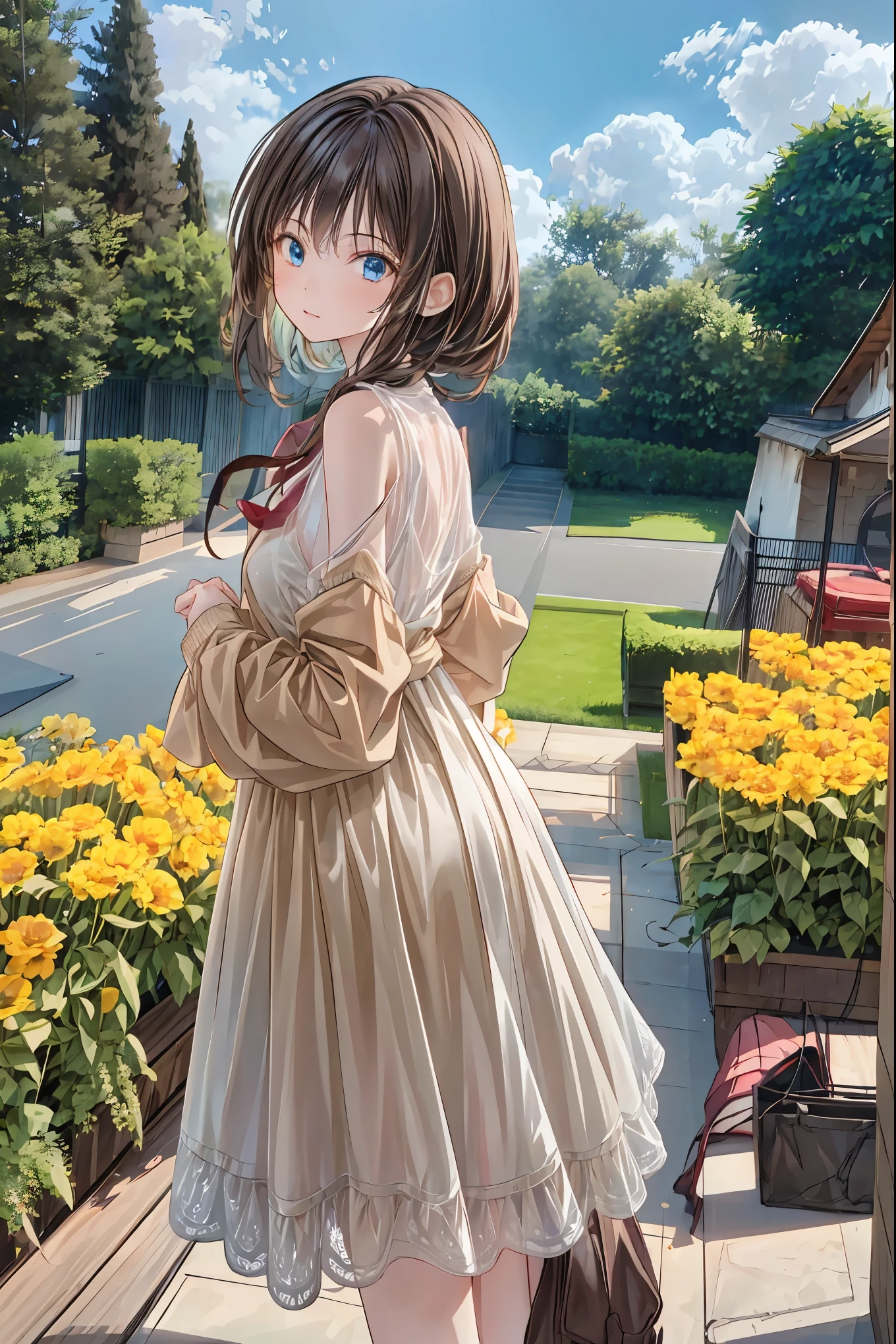 girl stands in a field of flowers 、Looking back , anime style ,4K,PERFECT PROPORTION