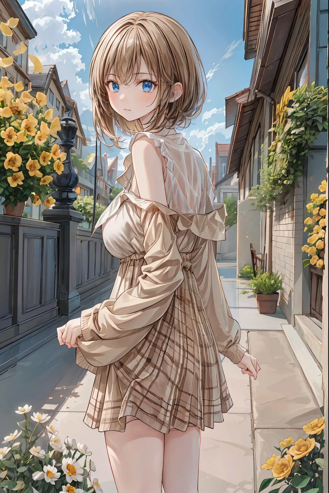 girl stands in a field of flowers 、Looking back , anime style ,4K,PERFECT PROPORTION