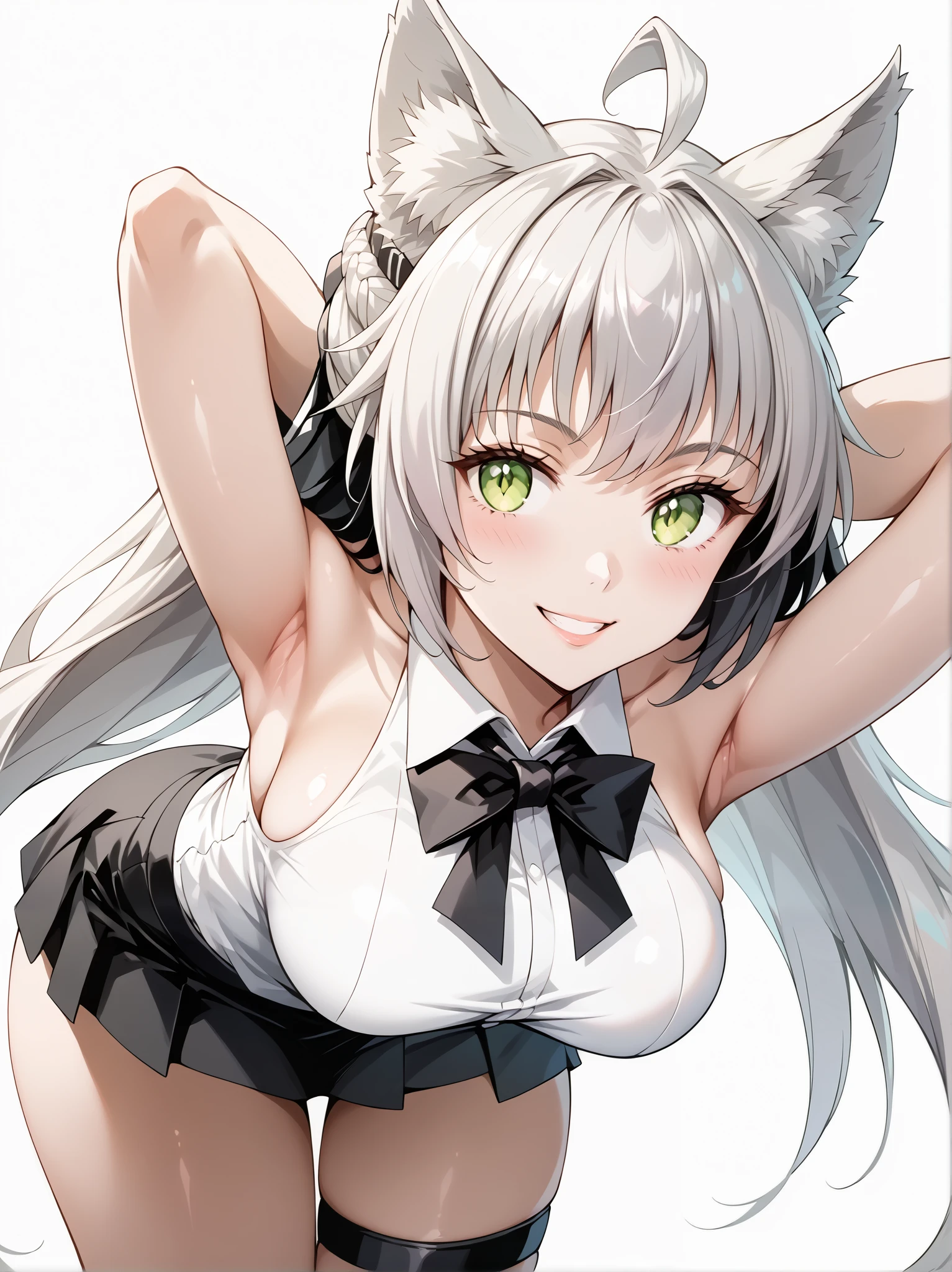 score_9, score_8_up, score_7_up, source_anime, 4K,perfect fingers,(perfect hands, perfect anatomy),prefect lighting, very aesthetic, intricate details,highly detailed background, masterpiece, high quality, best quality,
1girl,((solo)) ,atalanta, green eyes, slit pupils, grey hair, long hair, ahoge, animal ears, cat ears, , Large breasts,,
wearing wearing ((black bowtie,white shirt,sleeveless, off shoulder, black skirt, suspender skirt, thigh strap, )),,
((White plain background:1.5)) , looking at viewer, smile,((hands behind head:1.5)), (perfect hands, perfect anatomy), filed, high thigh individual , fullbody,Stand up,((front look:1.5)),((leaning forward:1.5)),