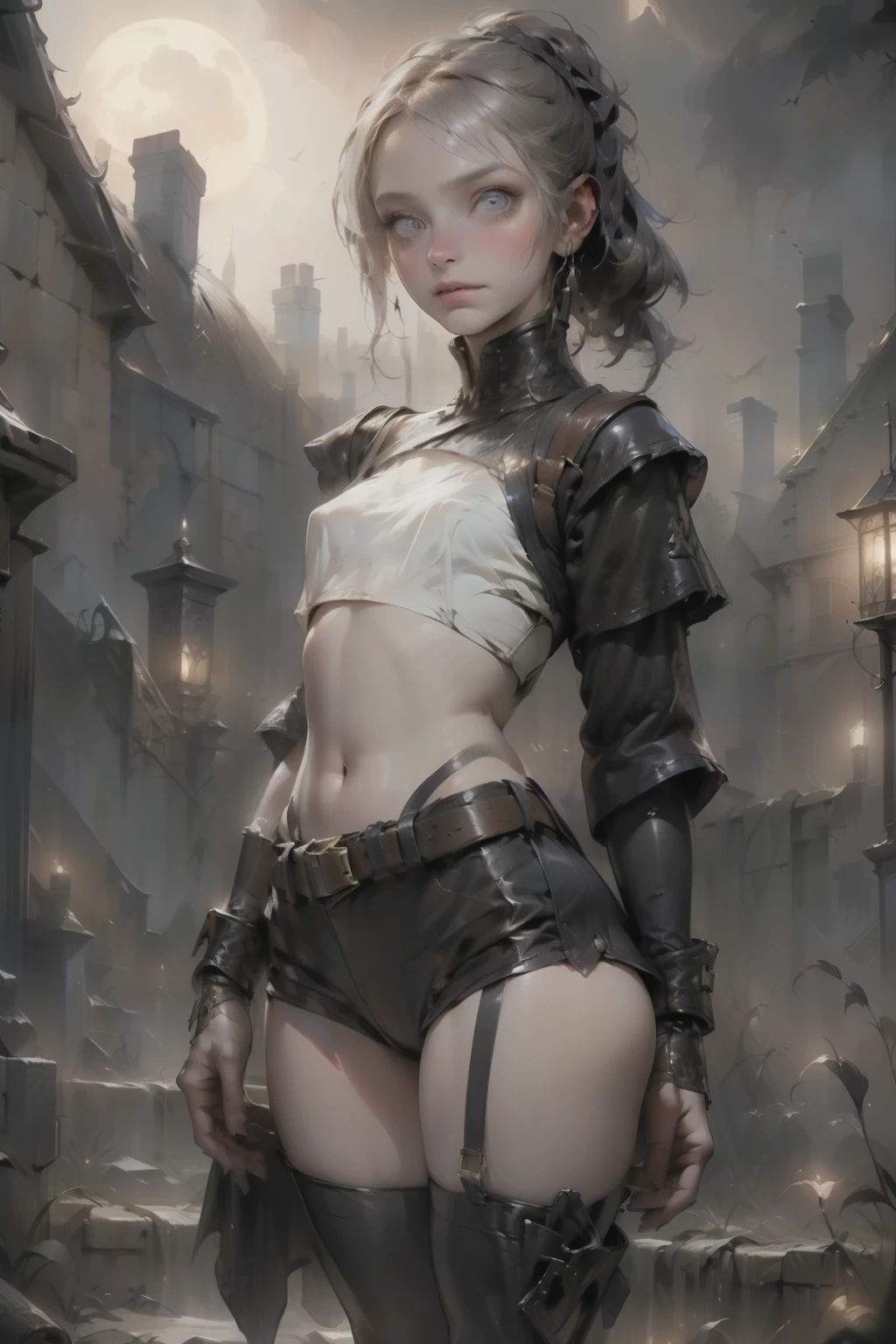 ((best quality)), ((masterpiece)), (detailed), score_9, score_8_up, score_7_up, score_6_up, (1girls), a female occultic knight, witch, knight, wielding a rapier-like sword, perfect face (((mastepiece, of the highest quality, super detailed))), photorealistic, Dark fantasy art, dark fantasy, ((gothic art)), ((Bloodborne inspired)), (Victorian era inspired), (Brotherhood Of The Wolf inspired), (typical witches hat sharing design features of a hunter's cap), (leather trousers with buckles and belts), (occultic vibe), (cosmic horror vibe), (occultic military uniform), (military witch), ((intricate and beautiful cloth and leather clothing)), ((thigh high strapped leather boots)), ((complex buckled leather boots)), (regal and elegant, a person of great social importance), ((mature, foreboding atmosphere)), ((dark and gloomy)), ((((Highly detailed face)))), small thin nose, Small thin lips mouth, (((Very sharp focused eyes))), ((perfect symmetrical beautiful eyes)). looking here, (resolved expression), (resolute expression), (sad face), beautiful (((very small breasts))), (((little boobs))), (((tiny breasts))), (((flat chest:0.1))), (((very tiny boobs))), (((very flat chested))), ((brunette)) hair, ((long ponytail, thick ponytail, heavy ponytail)), very long eyelashes, soft lighting
