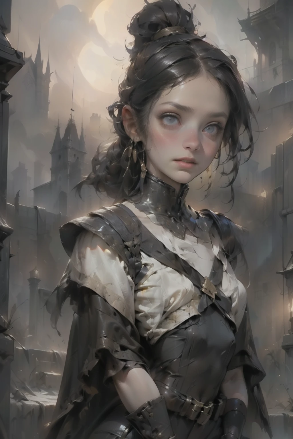 ((best quality)), ((masterpiece)), (detailed), score_9, score_8_up, score_7_up, score_6_up, (1girls), a female occultic knight, witch, knight, wielding a rapier-like sword, perfect face (((mastepiece, of the highest quality, super detailed))), photorealistic, Dark fantasy art, dark fantasy, ((gothic art)), ((Bloodborne inspired)), (Victorian era inspired), (Brotherhood Of The Wolf inspired), (typical witches hat sharing design features of a hunter's cap), (leather trousers with buckles and belts), (occultic vibe), (cosmic horror vibe), (occultic military uniform), (military witch), ((intricate and beautiful cloth and leather clothing)), ((thigh high strapped leather boots)), ((complex buckled leather boots)), (regal and elegant, a person of great social importance), ((mature, foreboding atmosphere)), ((dark and gloomy)), ((((Highly detailed face)))), small thin nose, Small thin lips mouth, (((Very sharp focused eyes))), ((perfect symmetrical beautiful eyes)). looking here, (resolved expression), (resolute expression), (sad face), beautiful (((very small breasts))), (((little boobs))), (((tiny breasts))), (((flat chest:0.1))), (((very tiny boobs))), (((very flat chested))), ((brunette)) hair, ((long ponytail, thick ponytail, heavy ponytail)), very long eyelashes, soft lighting