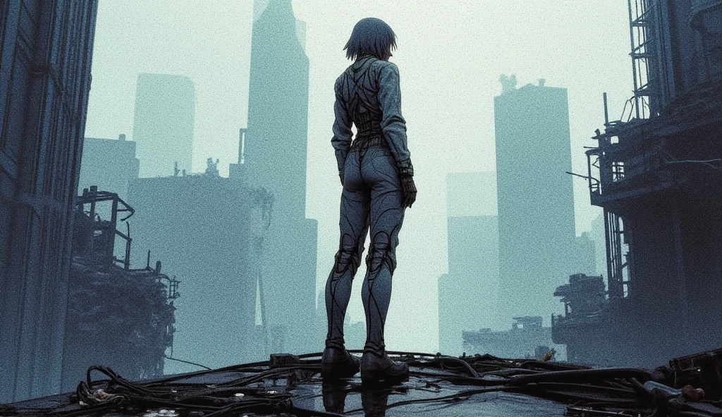 Ghost in the shell, white cream color invisibility suit, hyper detail, dark city night, skyscrapers, photorealistic, 24k resolution, scanning the scene below,