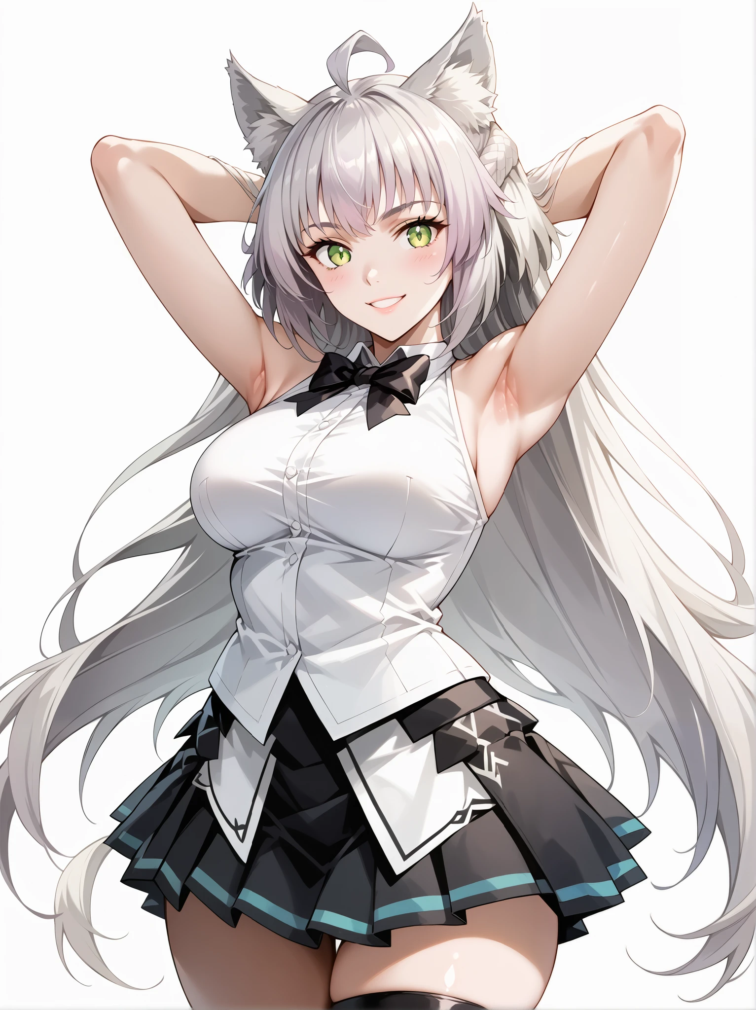 masterpiece, best quality, highres, 1girl, :d, animal_ears, bare_shoulders, black_leotard, blue_bow, blue_bowtie, blue_eyes, blue_legwear, bow, bowtie, breasts, covered_navel, detached_collar, leotard, long_hair, open_mouth, pantyhose, paw_pose, playboy_bunny, rabbit_ears, simple_background, small_breasts, smile, solo, squatting, tail, white_background, wrist_cuffs,<lora:Poli:0.6>