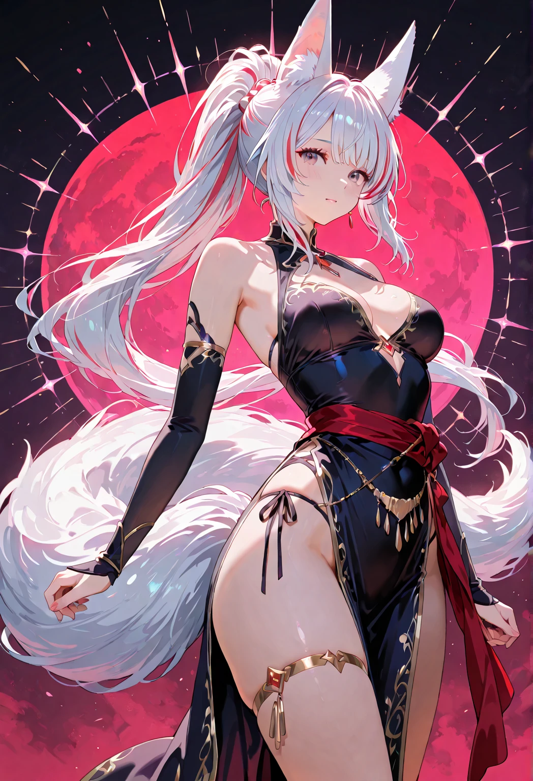 one anime girl, white hair, short, a young dragon girl, red eyes, brown skin, small horns, white lingerie, facing front, full body --auto
