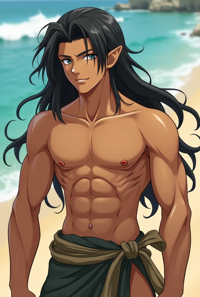 A muscular black haired man with golden eyes and black fox ears and a black fox tail in swim trunks is smiling while leaning forward