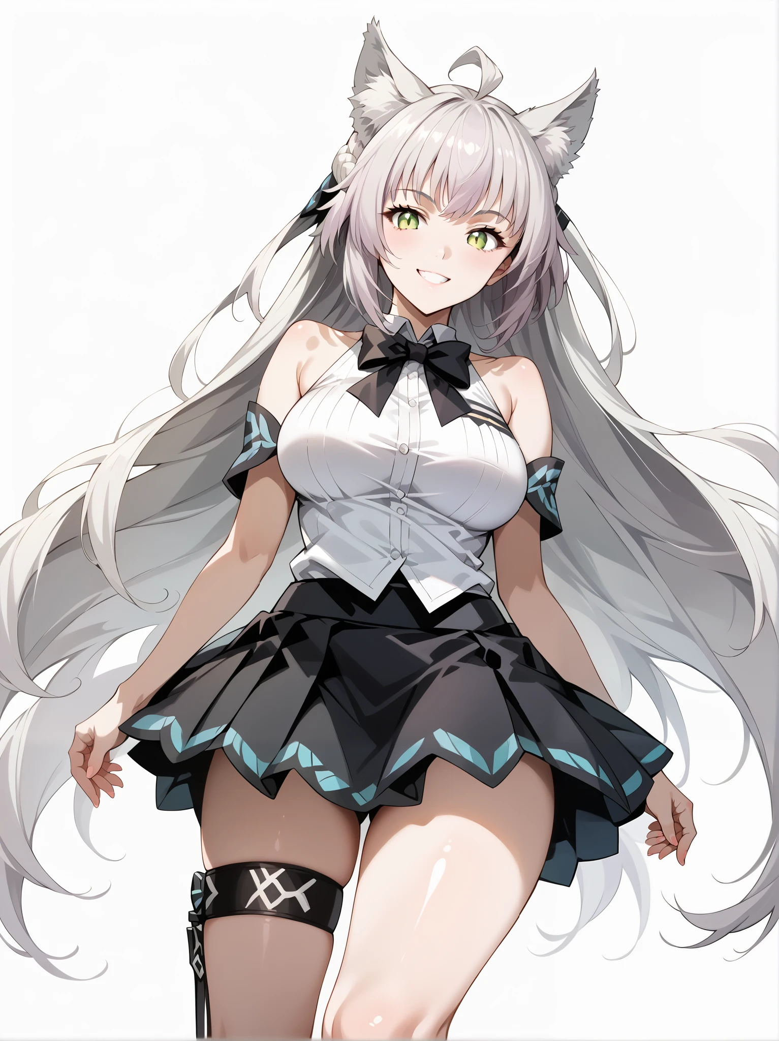 score_9, score_8_up, score_7_up, source_anime, 4K,perfect fingers,(perfect hands, perfect anatomy),prefect lighting, very aesthetic, intricate details,highly detailed background, masterpiece, high quality, best quality,
1girl,((solo)) ,atalanta, green eyes, slit pupils, grey hair, long hair, ahoge, animal ears, cat ears, , Large breasts,,
wearing wearing ((black bowtie,white shirt,sleeveless, off shoulder, black skirt, suspender skirt, thigh strap,   )),,
((White plain background:1.5)) , looking at viewer, smile, (perfect hands, perfect anatomy), filed, high thigh individual , fullbody,Stand up,((front look:1.5)),