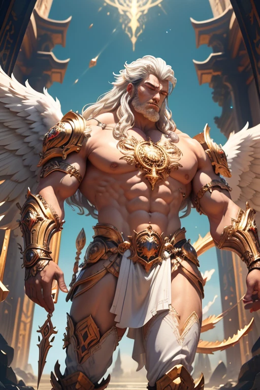 (masterpiece), best quality, expressive eyes, perfect face, 8K, Cinematic, Handsome Muscular big Pecs Celestial Male from the city, Pale White & Metallic Gold, Weapon, Glowing Golden Eyes, Metallic Clothing and Helmet, Wings, Shiny, Sash Veil,