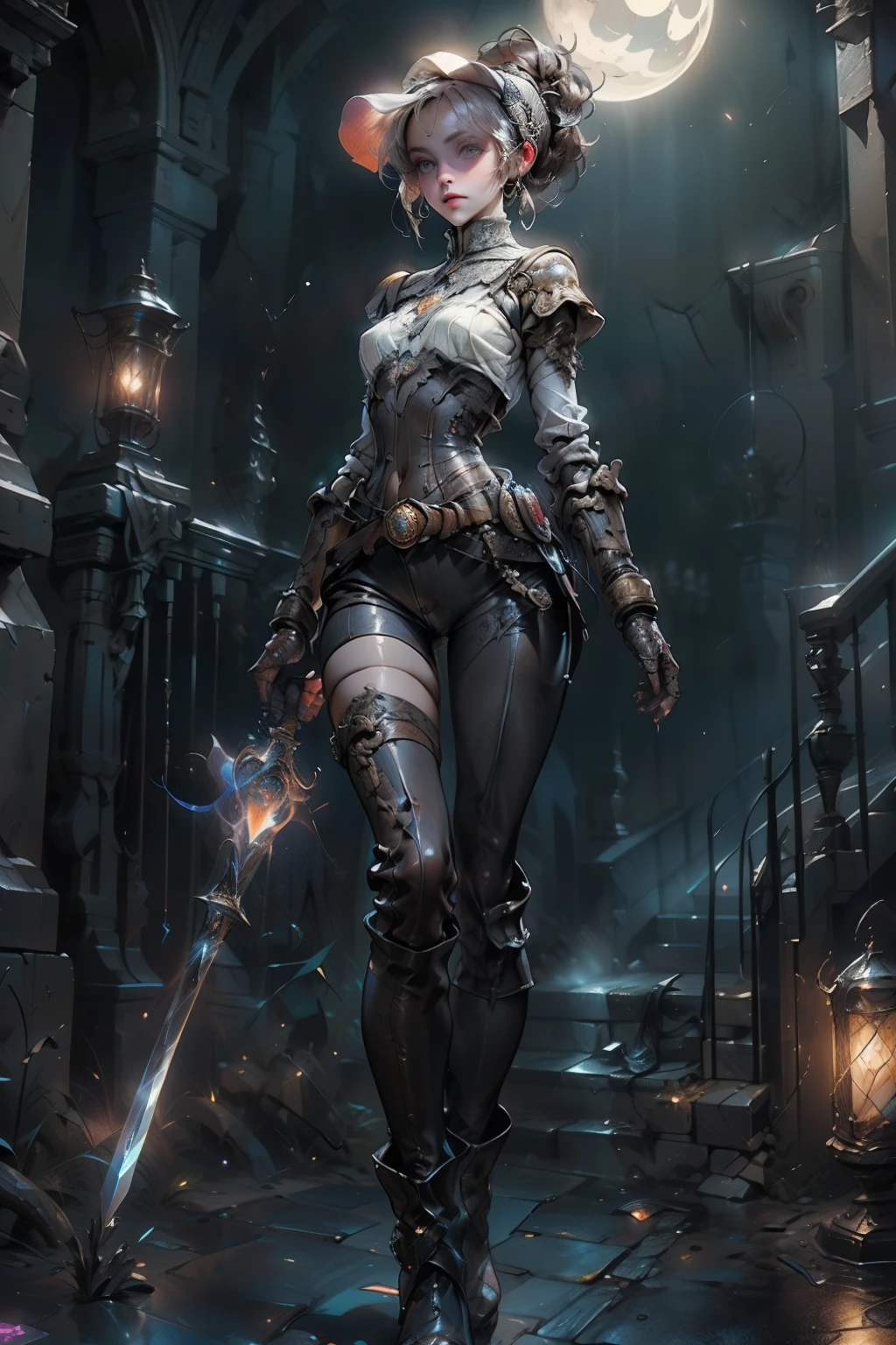 ((best quality)), ((masterpiece)), (detailed), score_9, score_8_up, score_7_up, score_6_up, (1girls), a female occultic knight, witch, knight, wielding a rapier-like sword, perfect face (((mastepiece, of the highest quality, super detailed))), photorealistic, Dark fantasy art, dark fantasy, ((gothic art)), ((Bloodborne inspired)), (Victorian era inspired), (Brotherhood Of The Wolf inspired), (typical witches hat sharing design features of a hunter's cap), (leather trousers with buckles and belts), (occultic vibe), (cosmic horror vibe), (occultic military uniform), (military witch), ((intricate and beautiful cloth and leather clothing)), ((thigh high strapped leather boots)), ((complex buckled leather boots)), (regal and elegant, a person of great social importance), ((mature, foreboding atmosphere)), ((dark and gloomy)), ((((Highly detailed face)))), small thin nose, Small thin lips mouth, (((Very sharp focused eyes))), ((perfect symmetrical beautiful eyes)). looking here, (resolved expression), (resolute expression), (sad face), beautiful (((very small breasts))), (((little boobs))), (((tiny breasts))), (((flat chest:0.1))), (((very tiny boobs))), (((very flat chested))), ((brunette)) hair, ((long ponytail, thick ponytail, heavy ponytail)), very long eyelashes, soft lighting