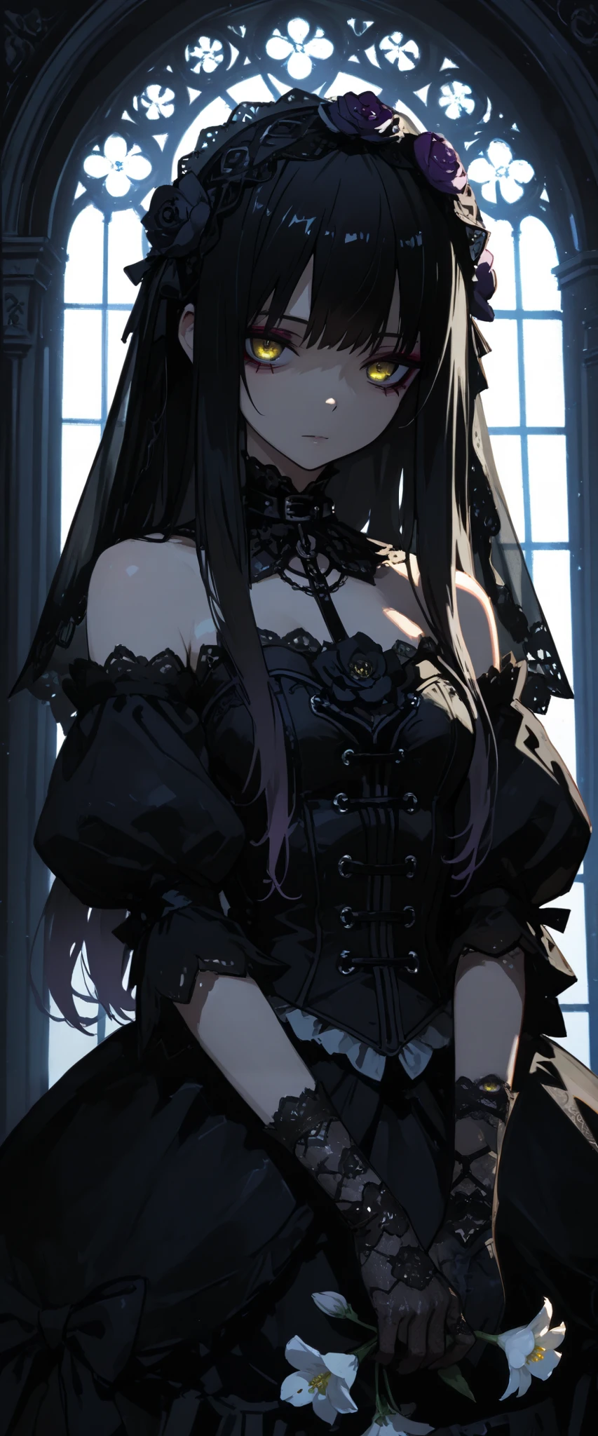 top quality , masterpiece, 748cm style , 1 girl, , viewers, , gradient hair, black hair, long hair, yellow eyes , gothic dress, black dress, gothic veil, lace gloves, bridal veil, looking at viewer, gothic background, perfect waist, standing, eyelevel shots, lace gloves, puffy sleeves, dynamic light, lighting, backlight, flowers, flower, gothic make up, eyeliner, shoulder, bare shoulders