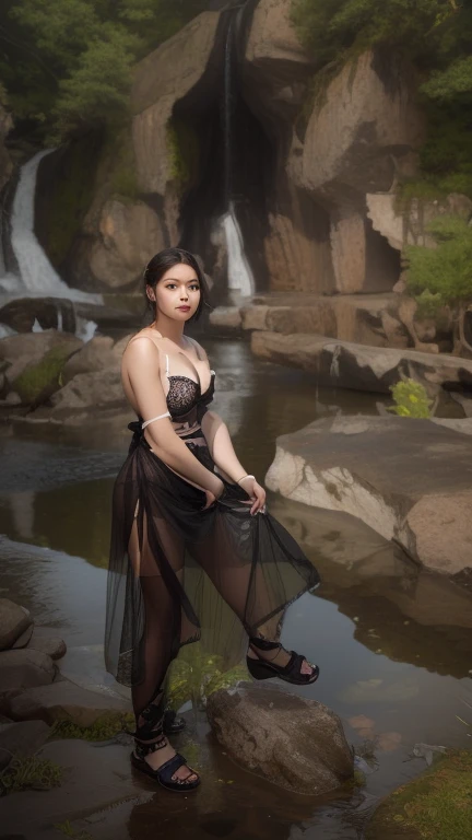 21yo girl, black hair, (bun hair). Wearing a black balinese kebaya, showing shoulders, cleavage, showing big thighs, natural big breasts, sitting in a waterfall.,