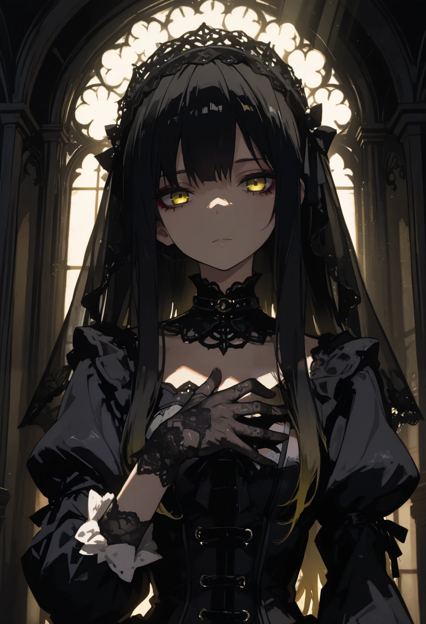 top quality , masterpiece, 748cm style , 1 girl, , viewers, , gradient hair, black hair, long hair, yellow eyes , gothic dress, black dress, gothic veil, lace gloves, bridal veil, looking at viewer, gothic background, perfect waist, standing, eyelevel shots, puffy sleeves, dynamic light, lighting, backlight, gothic make up, eyeliner, close up, upper body