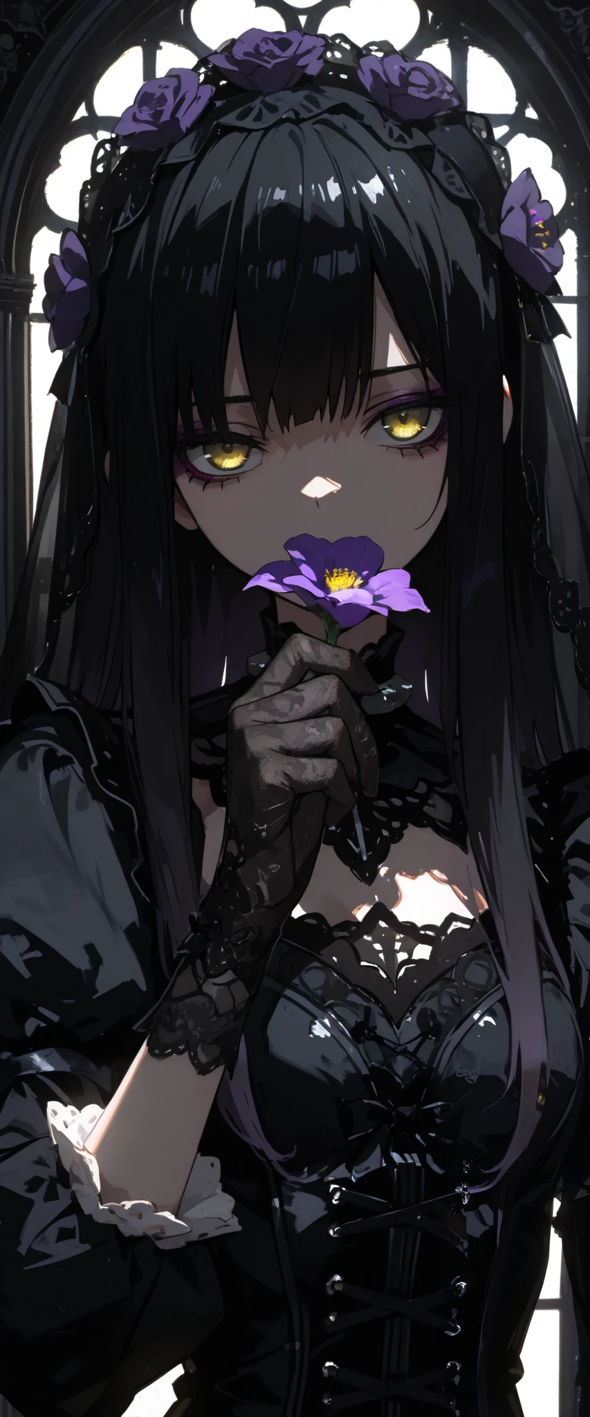 top quality , masterpiece, 748cm style , 1 girl, , viewers, , gradient hair, black hair, long hair, yellow eyes , gothic dress, black dress, gothic veil, lace gloves, bridal veil, looking at viewer, gothic background, perfect waist, standing, eyelevel shots, lace gloves, puffy sleeves, dynamic light, lighting, backlight, flowers, flower, gothic make up, eyeliner, close up, upper body