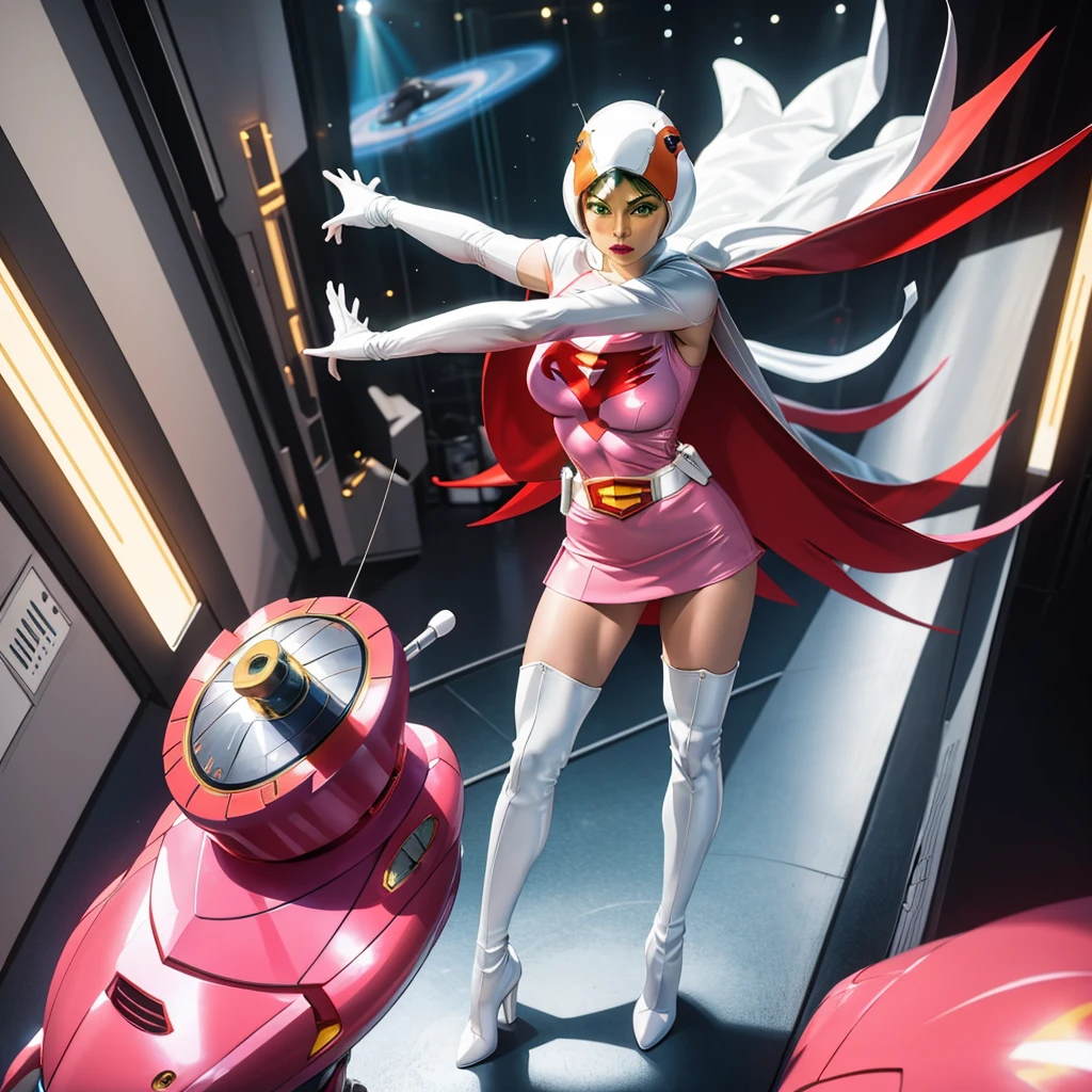 ANI_CLASSIC_jun_gatchaman_ownwaifu,1girl, yo,good anatomy, masterpiece, best quality,realistic, hyper realistic, 16k hdr, long hair,breasts,lips,large breasts,lipstick,makeup,gloves,cape,helmet,belt,elbow gloves,white gloves,mask,ultra miniskirt,leotard,spacesuit,white tight overknee highheels boots,pink dress,superhero,bodysuit,cleavage,erected nipples,(stand pose,hands on hip),(spread legs:1.1),cameltoe