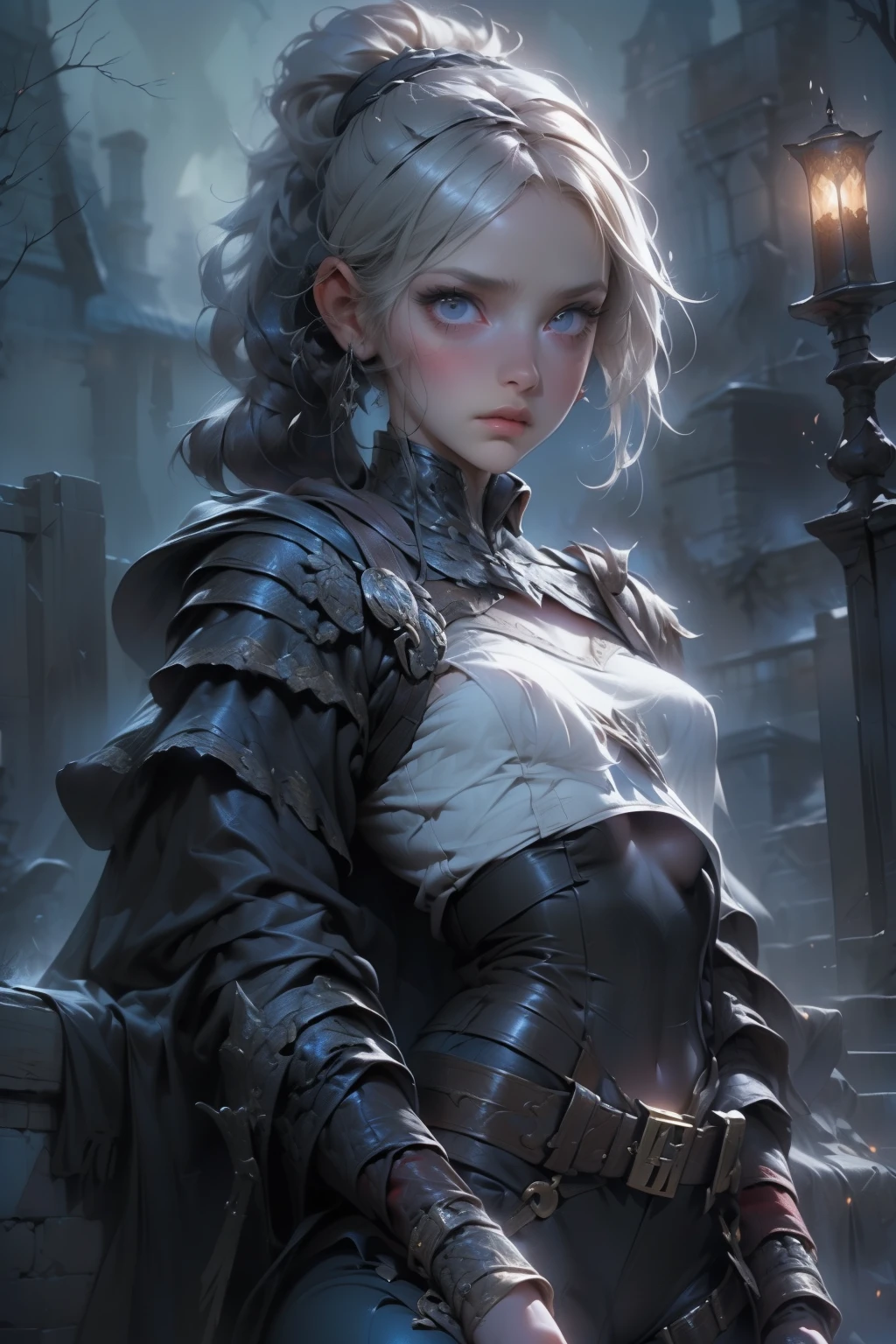 ((best quality)), ((masterpiece)), (detailed), score_9, score_8_up, score_7_up, score_6_up, (1girls), a female occultic knight, witch, knight, wielding a rapier-like sword, perfect face (((mastepiece, of the highest quality, super detailed))), photorealistic, Dark fantasy art, dark fantasy, ((gothic art)), ((Bloodborne inspired)), (Victorian era inspired), (Brotherhood Of The Wolf inspired), (typical witches hat sharing design features of a hunter's cap), (leather trousers with buckles and belts), (occultic vibe), (cosmic horror vibe), (occultic military uniform), (military witch), ((intricate and beautiful cloth and leather clothing)), ((thigh high strapped leather boots)), ((complex buckled leather boots)), (regal and elegant, a person of great social importance), ((mature, foreboding atmosphere)), ((dark and gloomy)), ((((Highly detailed face)))), small thin nose, Small thin lips mouth, (((Very sharp focused eyes))), ((perfect symmetrical beautiful eyes)). looking here, (resolved expression), (resolute expression), (sad face), beautiful (((very small breasts))), (((little boobs))), (((tiny breasts))), (((flat chest:0.1))), (((very tiny boobs))), (((very flat chested))), ((brunette)) hair, ((long ponytail, thick ponytail, heavy ponytail)), very long eyelashes, soft lighting