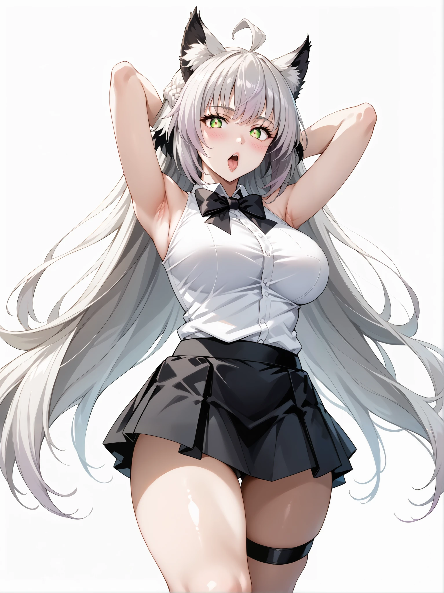 score_9, score_8_up, score_7_up, source_anime, 4K,perfect fingers,(perfect hands, perfect anatomy),prefect lighting, very aesthetic, intricate details,highly detailed background, masterpiece, high quality, best quality,
1girl,((solo)) ,atalanta, green eyes, slit pupils, grey hair, long hair, ahoge, animal ears, cat ears, , Large breasts,,
wearing wearing ((black bowtie,white shirt,sleeveless, off shoulder, black skirt, suspender skirt, thigh strap, )),,
((White plain background:1.5)) , looking at viewer, blushes,ahegao,heart_eyes, (perfect hands, perfect anatomy), filed, high thigh individual , ((fullbody:1.5)),Stand up,((front look:1.5)),((arms behind head:1.5)),