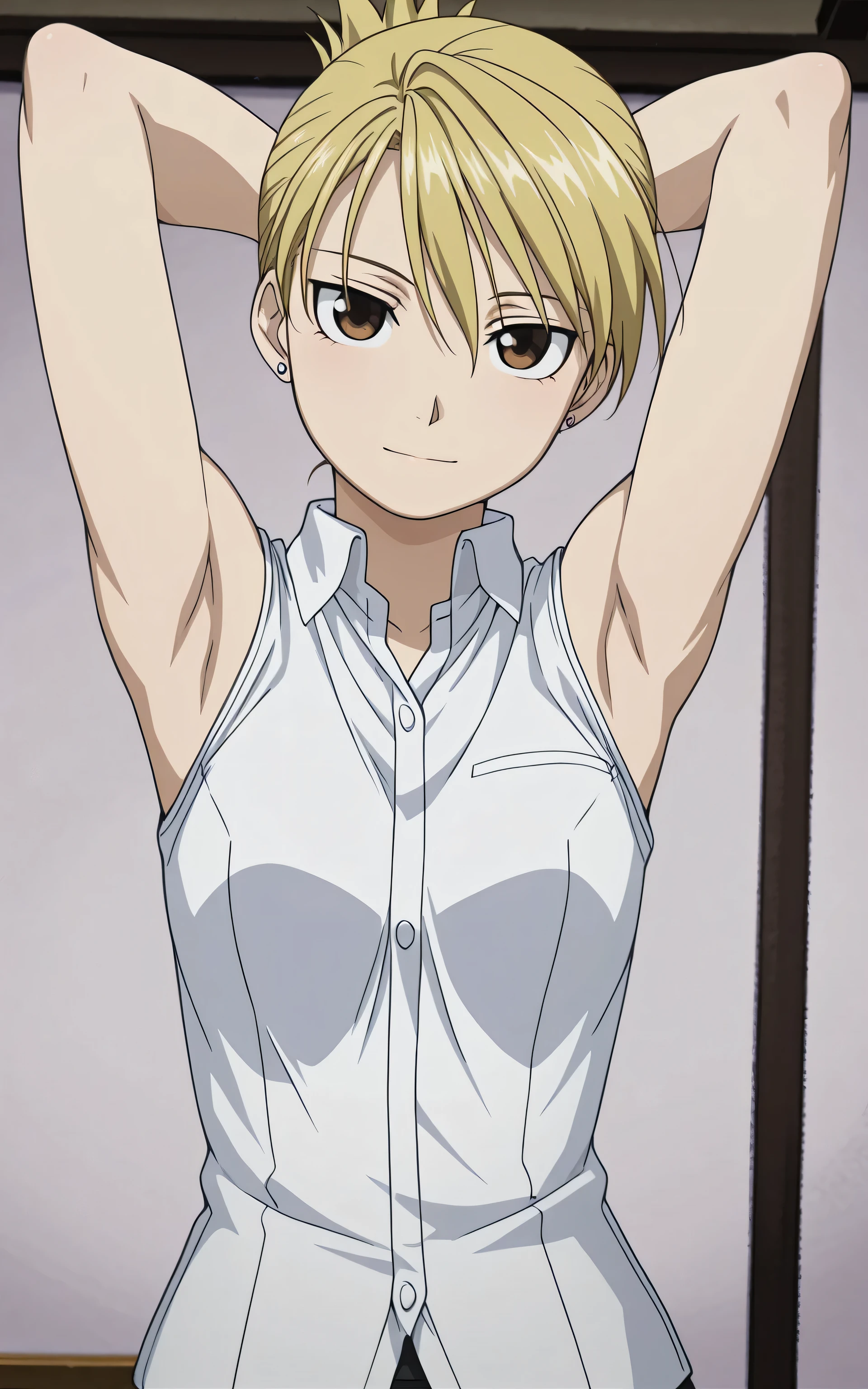 masterpiece, best quality, amazing quality, anime screencap, 1girl, solo, riza, brown eyes, blonde hair, folded ponytail, jewelry, earrings, white shirt, collared shirt, sleeveless shirt, open collar, sleeveless, bare shoulders, bare arms, arms behind head, armpits, head towards viewer, looking at viewer, light smile, closed mouth, front light, indoors