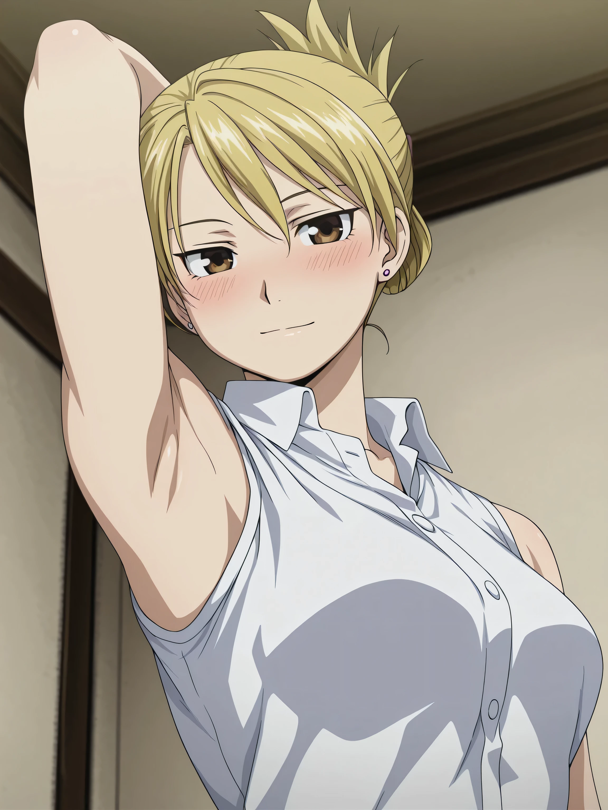 masterpiece, best quality, amazing quality, anime screencap, 1girl, solo, riza, brown eyes, blonde hair, folded ponytail, jewelry, earrings, white shirt, collared shirt, sleeveless shirt, open collar, sleeveless, bare shoulders, bare arms, arm behind head, armpit, head towards viewer, looking at viewer, light smile, closed mouth, front light, indoors, from side, from below, blush