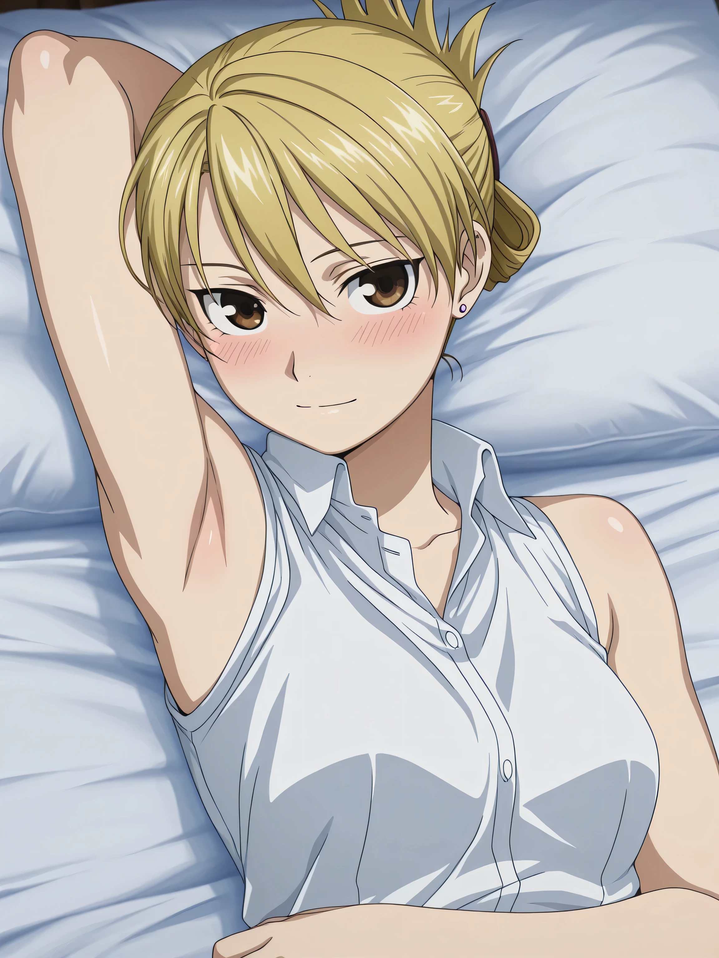 masterpiece, best quality, amazing quality, anime screencap, 1girl, solo, riza, brown eyes, blonde hair, folded ponytail, jewelry, earrings, white shirt, collared shirt, sleeveless shirt, open collar, sleeveless, bare shoulders, bare arms, arm behind head, armpit, head towards viewer, looking at viewer, light smile, closed mouth, front light, lying in bed, blush