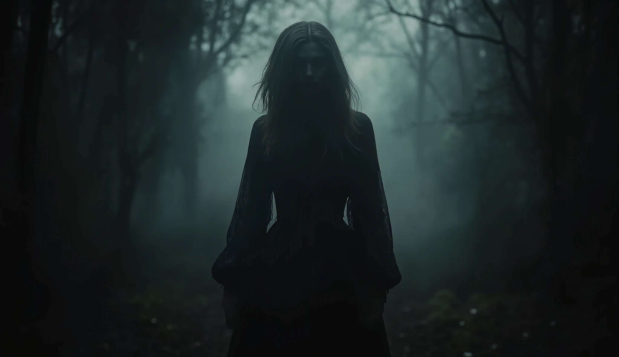 Subtle silhouette of the evil woman blending into the shadows, in the style of dark fantasy art, muted colors, unsettling presence, hidden details, play of light and shadow, eerie stillness, enigmatic aura.