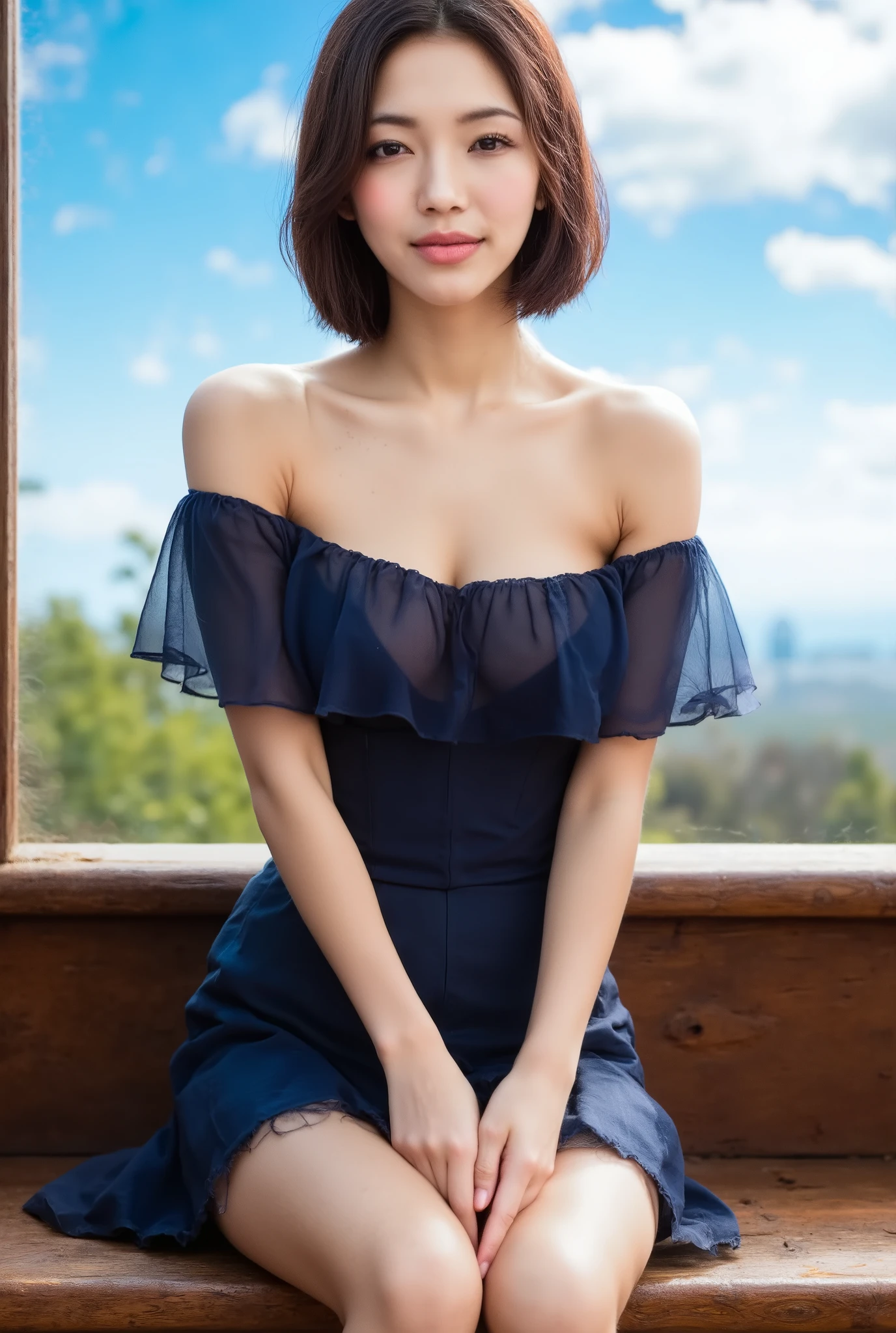 Best image quality Female in her 20s Shortcut Two colors of hair Half Japan drooping eyes Décolleté Nude Looking at the camera Transparent skin Transparent skin type Smiling expression