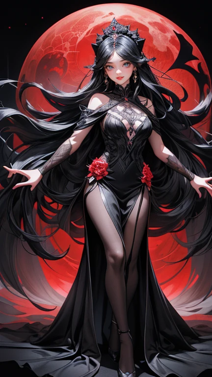 action movie, elegant pose,The Lady of Shadows, a handsome female, big black eyes, Sad look, scarlet lips, pale skin, Long black hair, fluttering in the wind, dark dress with lace in baroque style, Elegant white gloves on your hands, Elegant jewelry on clothes and hair, Standing on a field of roses, night time, night sky, Huge bright moon, Cold moonlight, Eyes of detail, hiquality, Masterpiece