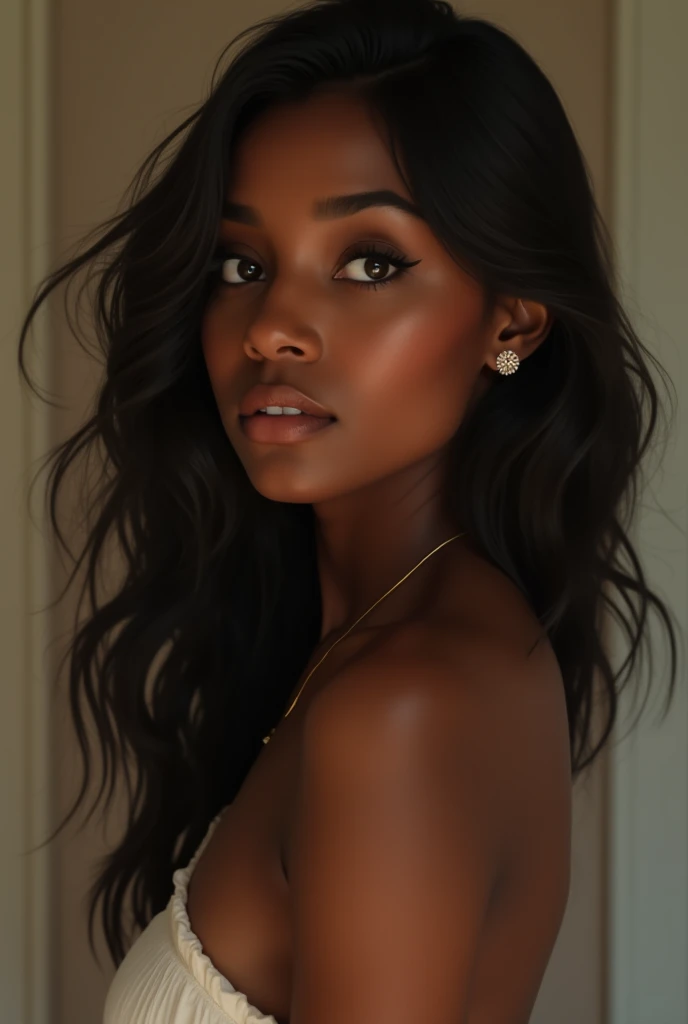 (Best quality, 4k, High Definition, Super detailed, Realistic: 1.37), dark skinned female, detailed beautiful eyes, detailed beautiful lips, long eyelashes, porcelain white skin, charming smile, confident expression, big and firm breasts, bare back, small waist, Exquisite and warm lighting, artistic composition,