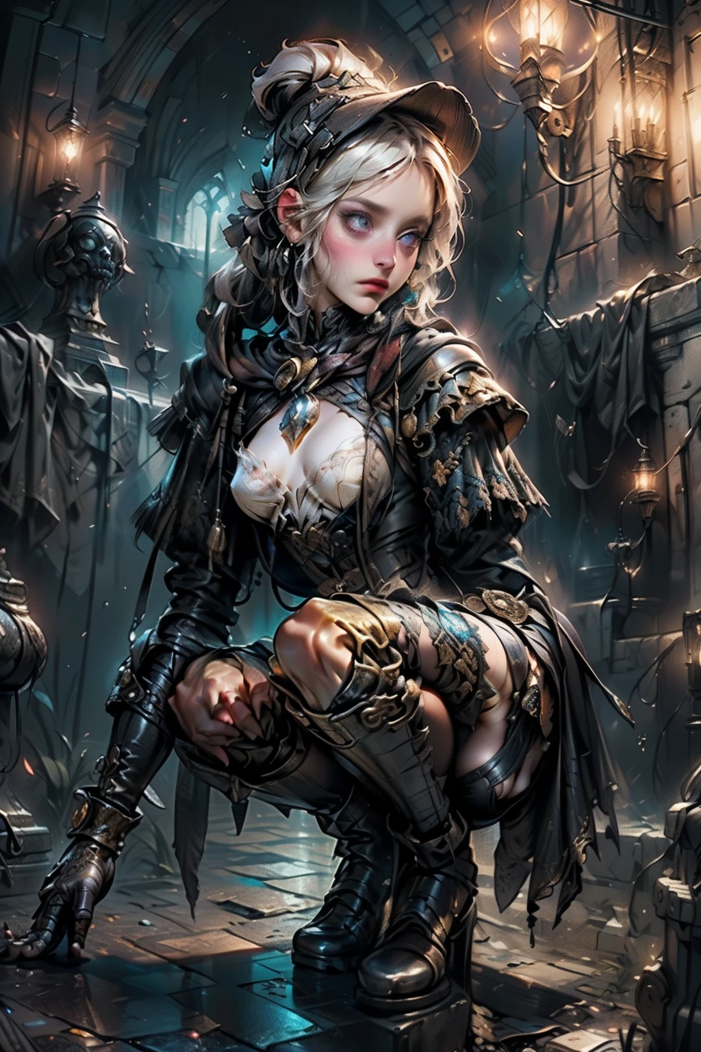 ((best quality)), ((masterpiece)), (detailed), score_9, score_8_up, score_7_up, score_6_up, (1girls), a female occultic knight, witch, knight, wielding a rapier-like sword, perfect face (((mastepiece, of the highest quality, super detailed))), photorealistic, Dark fantasy art, dark fantasy, ((gothic art)), ((Bloodborne inspired)), (Victorian era inspired), (Brotherhood Of The Wolf inspired), (typical witches hat sharing design features of a hunter's cap), (leather trousers with buckles and belts), (occultic vibe), (cosmic horror vibe), (occultic military uniform), (military witch), ((intricate and beautiful cloth and leather clothing)), ((thigh high strapped leather boots)), ((complex buckled leather boots)), (regal and elegant, a person of great social importance), ((mature, foreboding atmosphere)), ((dark and gloomy)), ((((Highly detailed face)))), small thin nose, Small thin lips mouth, (((Very sharp focused eyes))), ((perfect symmetrical beautiful eyes)). looking here, (resolved expression), (resolute expression), (sad face), beautiful (((very small breasts))), (((little boobs))), (((tiny breasts))), (((flat chest:0.1))), (((very tiny boobs))), (((very flat chested))), ((brunette)) hair, ((long ponytail, thick ponytail, heavy ponytail)), very long eyelashes, soft lighting