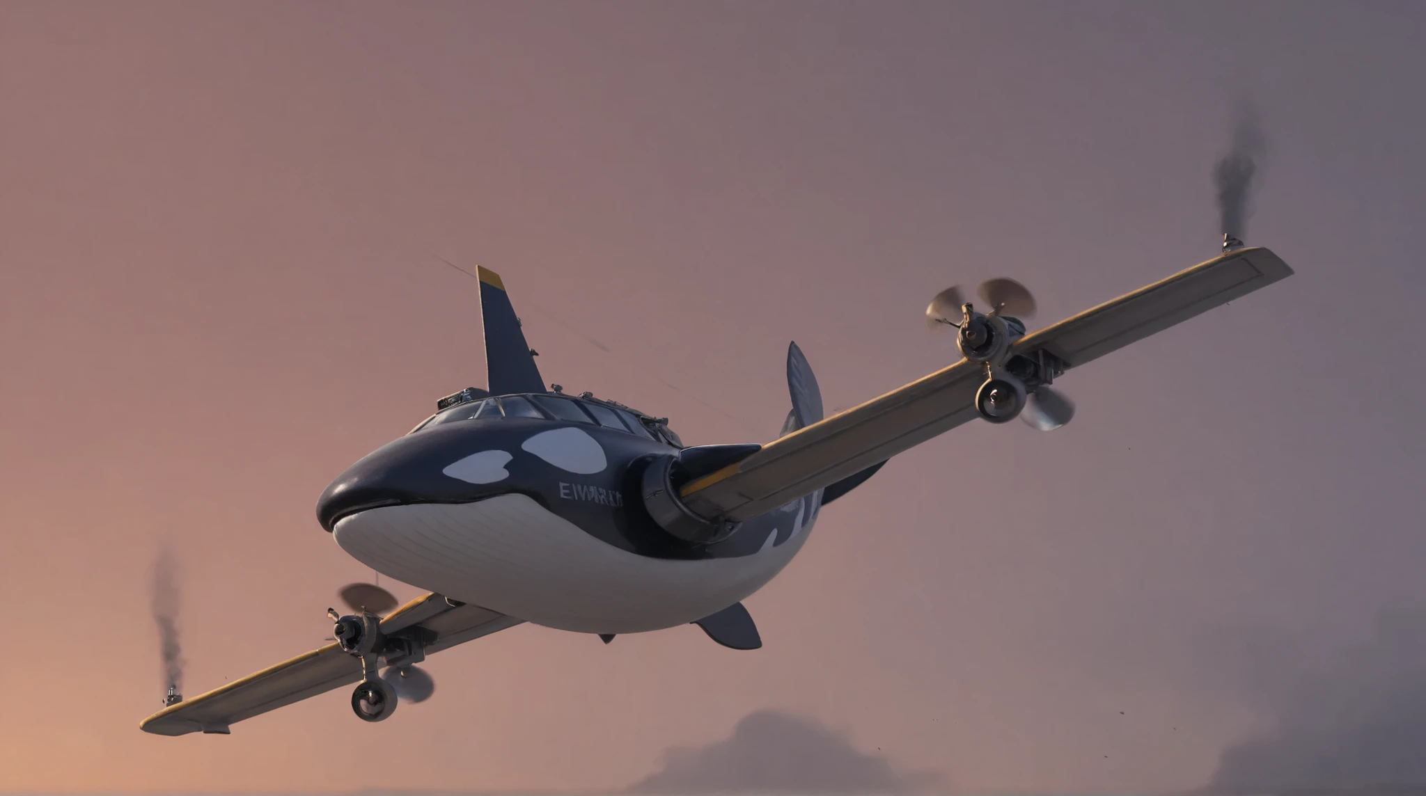 A gigantic orca whale with a large Dangerous Killer rotary propeller engine on the orca whales nose spinning the propeller blades extremely fast rotating speeding up the Propeller Blurring Revving emitting fire with black diesel smoke from the orca whales fin on the top of the whale Revving Like an exhaust pipe doing a burnout on the road Extremely fast begins Soaring up to the sky like an airship, ray tracing, UHD, 16k, DSLR, masterpiece, photorealistic, award-winning