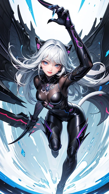 Adult girl, long white hair, high ponytail, pink eyes, bat wings, black rich dress, anger, masterpiece, high quality