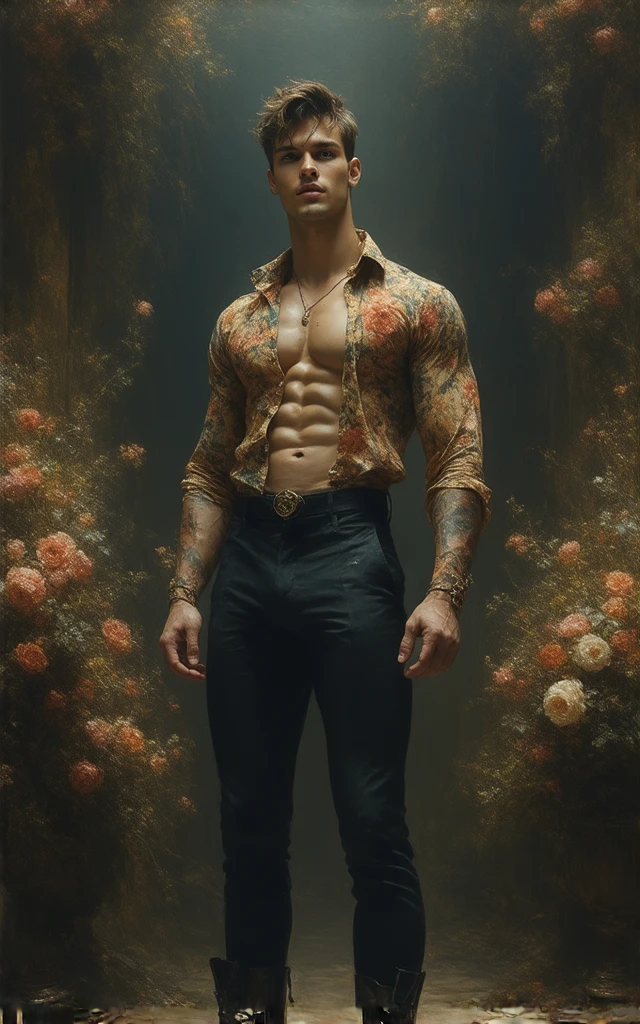 (masterpiece, best quality, realistic, ultra high detailed, UHD, view from a distance, facing the camera), In a floral-steampunk theater, where the stage is adorned with cascading flowers and elaborate machinery, a tall, muscular young man stands in the spotlight, ready to perform. ((His floral-patterned shirt adorned with brass buttons, is fully unbutton, totally revealing his bare muscular torso with a broad chest and chiseled abs, his smooth white skin with a sheen of sweat is glistening under the warm lights, highlighting every detail of his physique)). His short, stylish hair gives him a hot yet refined appearance, emphasizing his high cheekbones and a sharp jawline. His deep almond-shaped eyes, filled with desire, gaze directly at the viewer, exuding sensual allure. His pants are made of form-fitting, black fabric. His veined, muscular forearms are visible. His boots are polished, catching the light as he shifts his weight. The air is filled with the scent of fresh flowers and anticipation, while the soft murmurs of the audience create a vibrant atmosphere. His intense gaze locks onto the viewer, filled with charisma and allure, as the intricate details of his attire and the enchanting theater setting create a scene of steampunk drama and excitement. His sensual aura is creating an environment of both passion and allure. perfection, extremely sensual, highly erotic, most sexiest, homoerotic, alluring,
