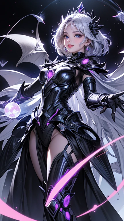 (((masterpiece, best quality, high detailed, 8k))) Design a layout showcase Gaming character, (1girl). Purple|Silver clothes, stylish and unique. ((showcase weapon:1.4)), magical orb. (masterpiece:1.2), (best quality), 4k, ultra-detailed. (Step by step design, layout art:1.5), (luminous lighting, atmospheric lighting). sorceress, ((glove full hands)), (((revealing clothes:1.3))), vambraces, armored legwear, (((full_body_shot:1.4))). {In an enchanted castle}.
