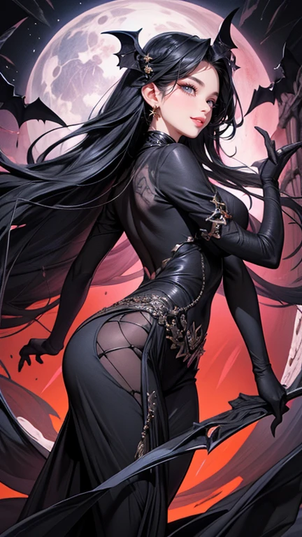 A long black-haired lady riding a sleek black horse，Long hair，Beautiful hair，Crystal clear，Highest quality，noble，Gallant。