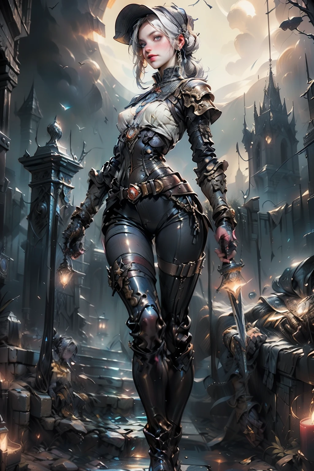 ((best quality)), ((masterpiece)), (detailed), score_9, score_8_up, score_7_up, score_6_up, (1girls), a female occultic knight, witch, knight, wielding a rapier-like sword, perfect face (((mastepiece, of the highest quality, super detailed))), photorealistic, Dark fantasy art, dark fantasy, ((gothic art)), ((Bloodborne inspired)), (Victorian era inspired), (Brotherhood Of The Wolf inspired), (typical witches hat sharing design features of a hunter's cap), (leather trousers with buckles and belts), (occultic vibe), (cosmic horror vibe), (occultic military uniform), (military witch), ((intricate and beautiful cloth and leather clothing)), ((thigh high strapped leather boots)), ((complex buckled leather boots)), (regal and elegant, a person of great social importance), ((mature, foreboding atmosphere)), ((dark and gloomy)), ((((Highly detailed face)))), small thin nose, Small thin lips mouth, (((Very sharp focused eyes))), ((perfect symmetrical beautiful eyes)). looking here, (resolved expression), (resolute expression), (sad face), beautiful (((very small breasts))), (((little boobs))), (((tiny breasts))), (((flat chest:0.1))), (((very tiny boobs))), (((very flat chested))), ((brunette)) hair, ((long ponytail, thick ponytail, heavy ponytail)), very long eyelashes, soft lighting