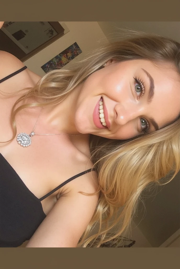 Verry messy hairstyle, long blonde hair, woman 18 years, black lingerie, red lips, big smile, mouth open, eyes closed, on her knees, church