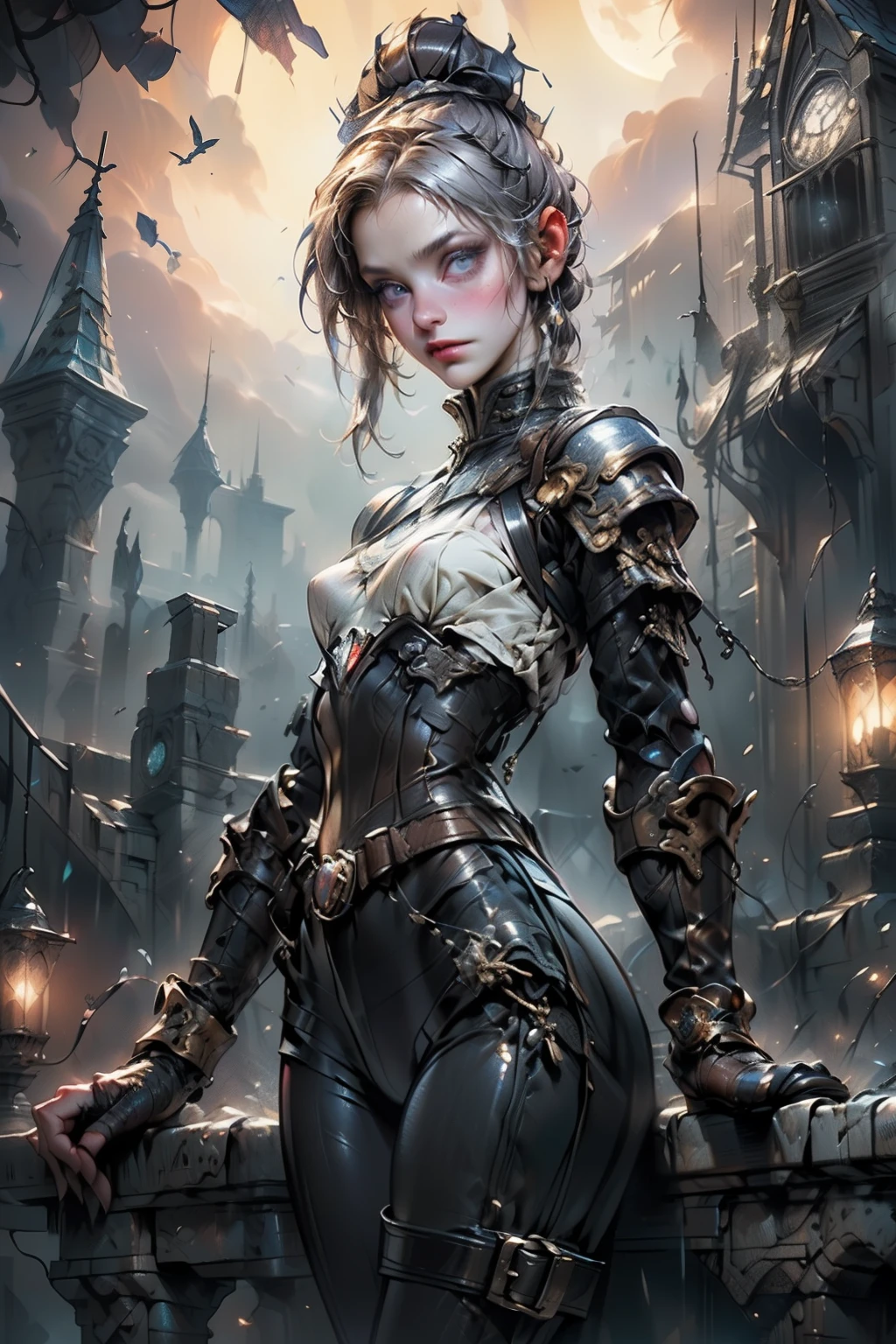 ((best quality)), ((masterpiece)), (detailed), score_9, score_8_up, score_7_up, score_6_up, (1girls), a female occultic knight, witch, knight, wielding a rapier-like sword, perfect face (((mastepiece, of the highest quality, super detailed))), photorealistic, Dark fantasy art, dark fantasy, ((gothic art)), ((Bloodborne inspired)), (Victorian era inspired), (Brotherhood Of The Wolf inspired), (typical witches hat sharing design features of a hunter's cap), (leather trousers with buckles and belts), (occultic vibe), (cosmic horror vibe), (occultic military uniform), (military witch), ((intricate and beautiful cloth and leather clothing)), ((thigh high strapped leather boots)), ((complex buckled leather boots)), (regal and elegant, a person of great social importance), ((mature, foreboding atmosphere)), ((dark and gloomy)), ((((Highly detailed face)))), small thin nose, Small thin lips mouth, (((Very sharp focused eyes))), ((perfect symmetrical beautiful eyes)). looking here, (resolved expression), (resolute expression), (sad face), beautiful (((very small breasts))), (((little boobs))), (((tiny breasts))), (((flat chest:0.1))), (((very tiny boobs))), (((very flat chested))), ((brunette)) hair, ((long ponytail, thick ponytail, heavy ponytail)), very long eyelashes, soft lighting