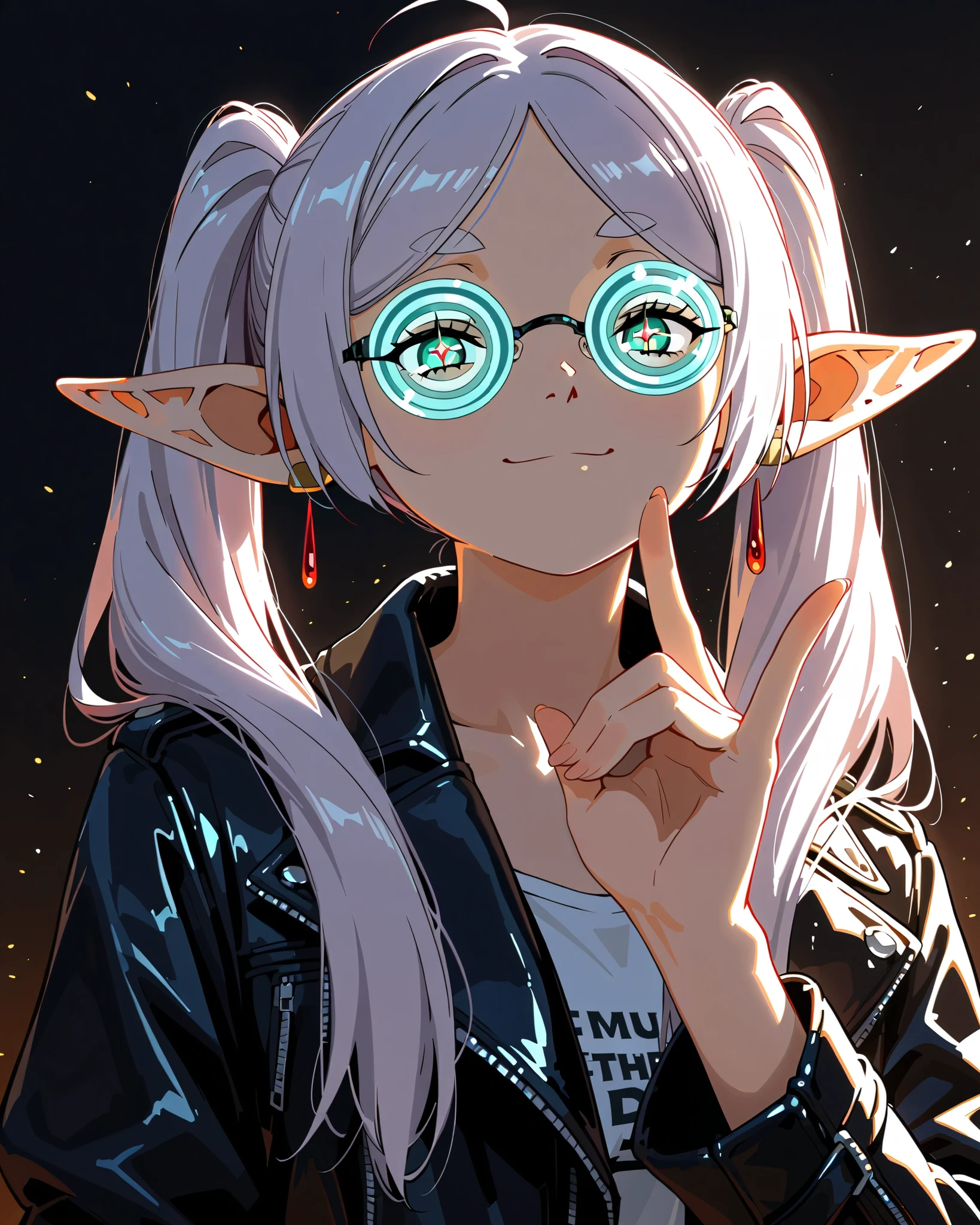 UHD, Gesture on shifting swirl glasses from face with left hand, Very Pretty Lady, Focus the left hand, Motion Illustration, Modern, Ahoge, 1girl, frieren, Naughty, Japanese Illustration Style, Sparkling Pupils, High Resolution, black leather jacket, Anatomically Correct, Soft Lighting, Accurate, Smile, Super Detailed, Action Painting, Multicolored Hair, The shirt under the leather jacket worn by the lady has a pattern of space, Expressive Cabos, Earrings