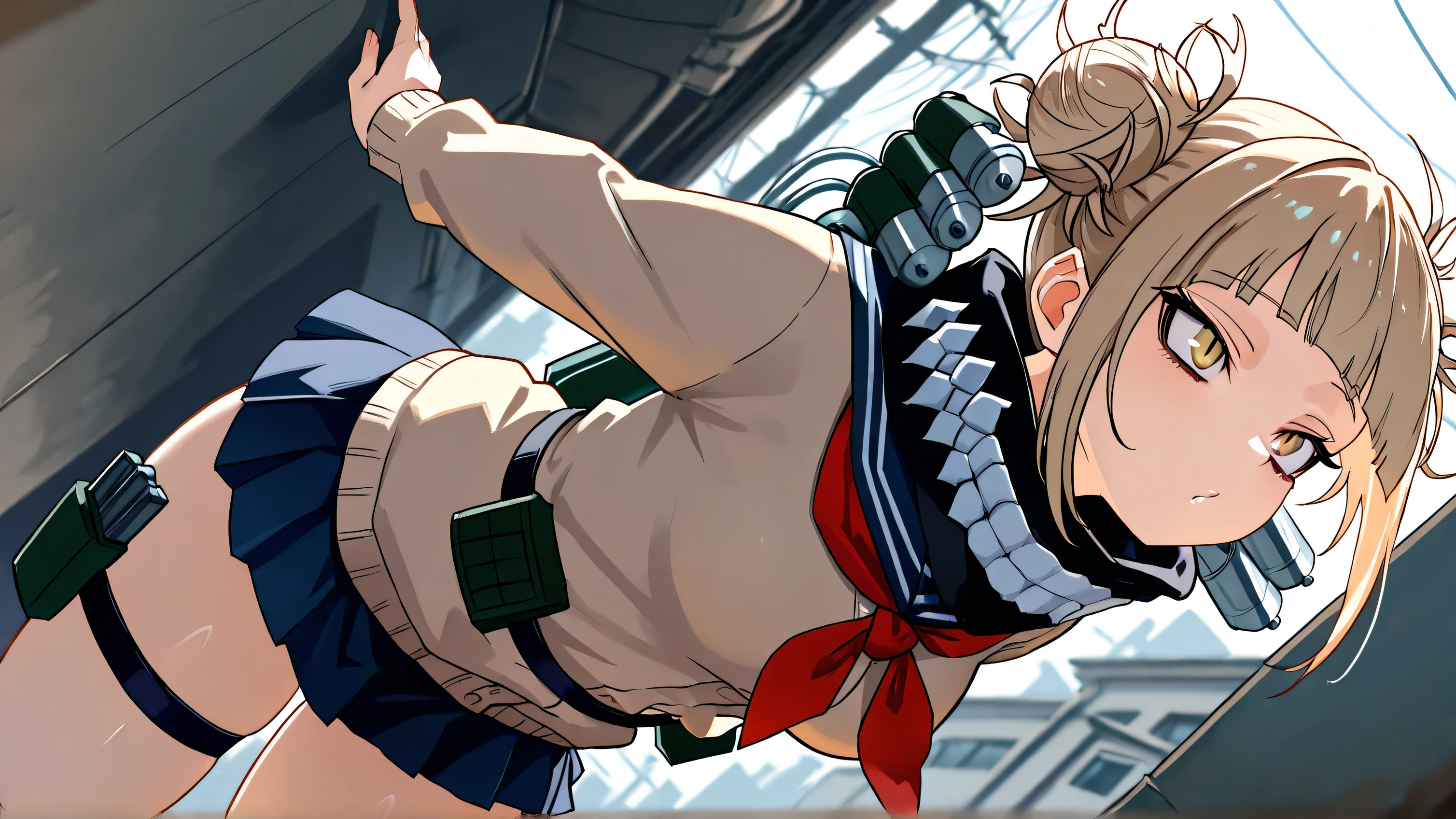 ((correct_anatomy)),((detailed eyes)),((high_quality)), ((Super_Detailed)), ((Best Quality)),((score_9, source_anime)), very aesthetic, absurdres, solo, Toga_Himiko, yellow_eyes, blonde_hair, double_bun, slit_pupils, messy_hair, medium_hair, sidelocks, medium_breasts, brown_cardigan, blue_sailor_collar, school_uniform, red_neckerchief, blue_skirt, miniskirt, black_scarf, thigh_strap, thigh_holster, utility_belt, (dynamic angle),(depth of field), (HDR,UHD, 4k, 8K, best quality ,masterpiece), 