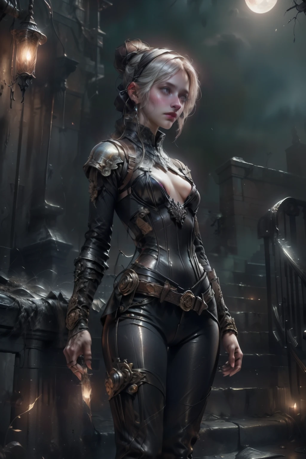 ((best quality)), ((masterpiece)), (detailed), score_9, score_8_up, score_7_up, score_6_up, (1girls), a female occultic knight, witch, knight, wielding a rapier-like sword, perfect face (((mastepiece, of the highest quality, super detailed))), photorealistic, Dark fantasy art, dark fantasy, ((gothic art)), ((Bloodborne inspired)), (Victorian era inspired), (Brotherhood Of The Wolf inspired), (typical witches hat sharing design features of a hunter's cap), (leather trousers with buckles and belts), (occultic vibe), (cosmic horror vibe), (occultic military uniform), (military witch), ((intricate and beautiful cloth and leather clothing)), ((thigh high strapped leather boots)), ((complex buckled leather boots)), (regal and elegant, a person of great social importance), ((mature, foreboding atmosphere)), ((dark and gloomy)), ((((Highly detailed face)))), small thin nose, Small thin lips mouth, (((Very sharp focused eyes))), ((perfect symmetrical beautiful eyes)). looking here, (resolved expression), (resolute expression), (sad face), beautiful (((very small breasts))), (((little boobs))), (((tiny breasts))), (((flat chest:0.1))), (((very tiny boobs))), (((very flat chested))), ((brunette)) hair, ((long ponytail, thick ponytail, heavy ponytail)), very long eyelashes, soft lighting