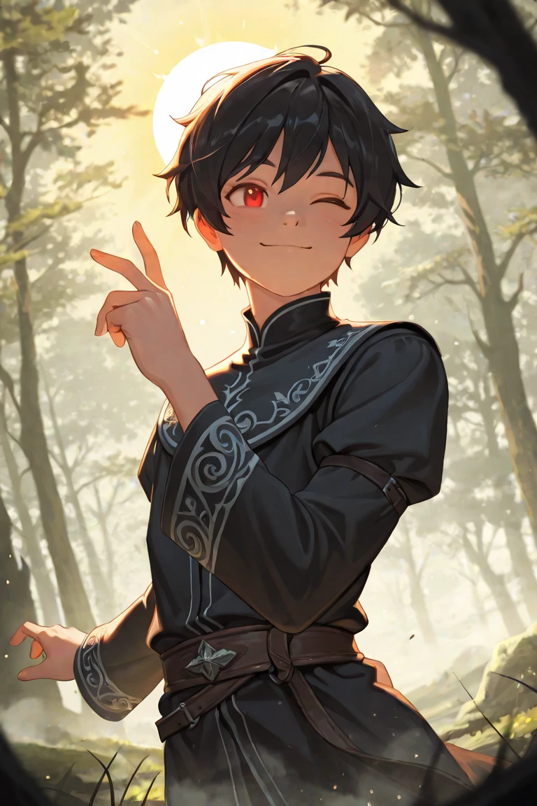 (masterpiece, best quality:1.2), hui xiyi,1boy, black hair, face, facial mark, forehead, bangs, looking at viewer, short hair, solo, tattoo, upper body, yellow eyes, rekkyo sensen, chinese clothes, black clothes, red jacket, silver choker, navel, pants, black pants, background((shanghai, architecture, blue sky, bush, castle, village, no humans, cloud, cloudy sky, day, field, garden, grass, hill, house, lamppost, landscape, mountain, mountainous horizon, nature, no humans, outdoors, scenery, shrine, sky))