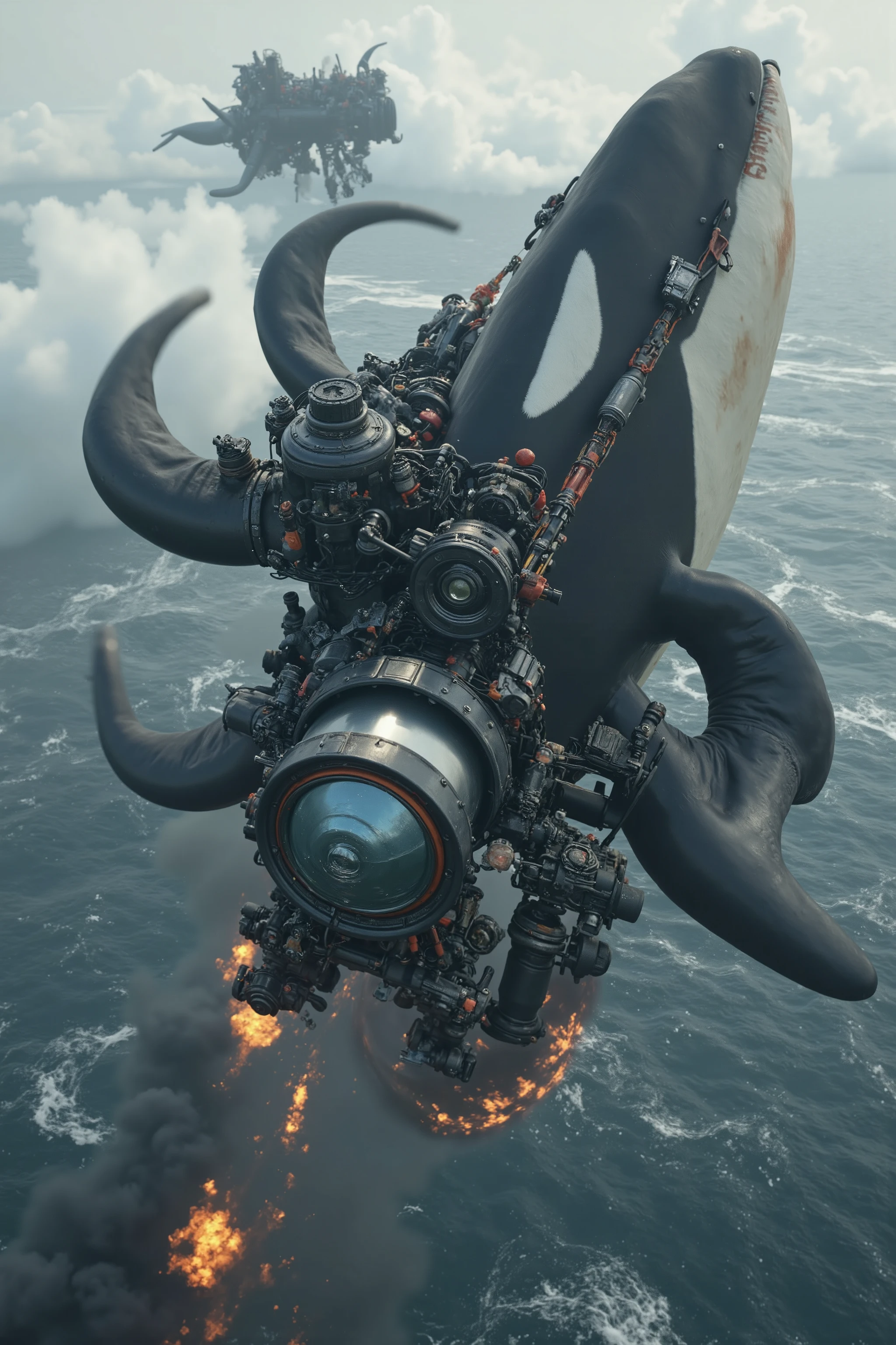 A gigantic orca whale with a large Dangerous Killer rotary propeller engine on the orca whales nose spinning the propeller blades extremely fast rotating speeding up the Propeller Blurring Revving emitting fire with black diesel smoke from the orca whales fin on the top of the whale Revving Like an exhaust pipe doing a burnout on the road Extremely fast begins Soaring up to the sky like an airship, ray tracing, UHD, 16k, DSLR, masterpiece, photorealistic, award-winning