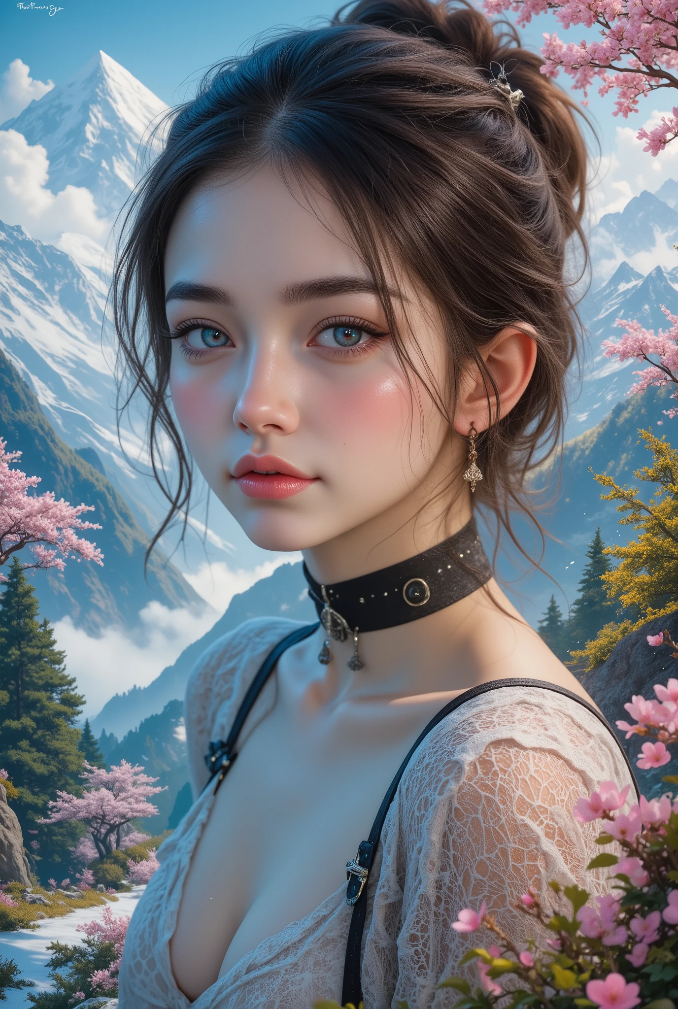 a beautiful french girl in four seasonal landscapes of japan, detailed face, iridescent eyes, high detail, masterpiece, 8k, extremely detailed, hyper realistic, photorealistic, natural lighting, vibrant colors, cinematic lighting, fantasy art, surreal, serene, ethereal, idyllic, atmospheric, tranquil, peaceful
