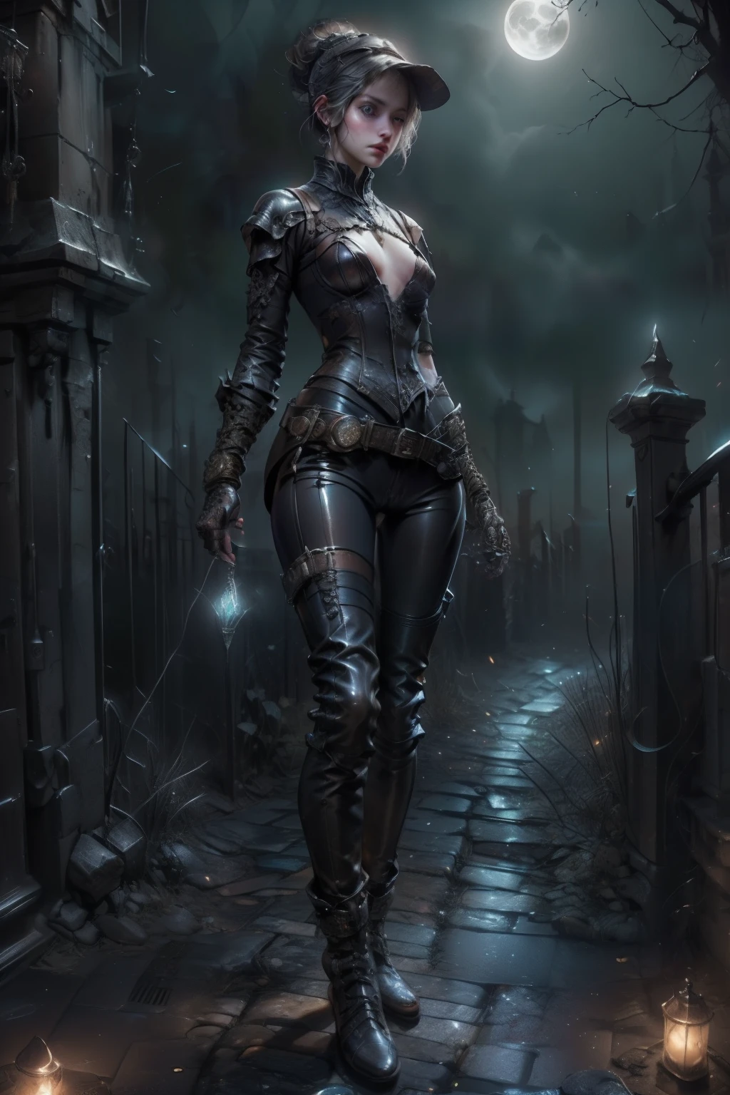((best quality)), ((masterpiece)), (detailed), score_9, score_8_up, score_7_up, score_6_up, (1girls), a female occultic knight, witch, knight, wielding a rapier-like sword, perfect face (((mastepiece, of the highest quality, super detailed))), photorealistic, Dark fantasy art, dark fantasy, ((gothic art)), ((Bloodborne inspired)), (Victorian era inspired), (Brotherhood Of The Wolf inspired), (typical witches hat sharing design features of a hunter's cap), (leather trousers with buckles and belts), (occultic vibe), (cosmic horror vibe), (occultic military uniform), (military witch), ((intricate and beautiful cloth and leather clothing)), ((thigh high strapped leather boots)), ((complex buckled leather boots)), (regal and elegant, a person of great social importance), ((mature, foreboding atmosphere)), ((dark and gloomy)), ((((Highly detailed face)))), small thin nose, Small thin lips mouth, (((Very sharp focused eyes))), ((perfect symmetrical beautiful eyes)). looking here, (resolved expression), (resolute expression), (sad face), beautiful (((very small breasts))), (((little boobs))), (((tiny breasts))), (((flat chest:0.1))), (((very tiny boobs))), (((very flat chested))), ((brunette)) hair, ((long ponytail, thick ponytail, heavy ponytail)), very long eyelashes, soft lighting