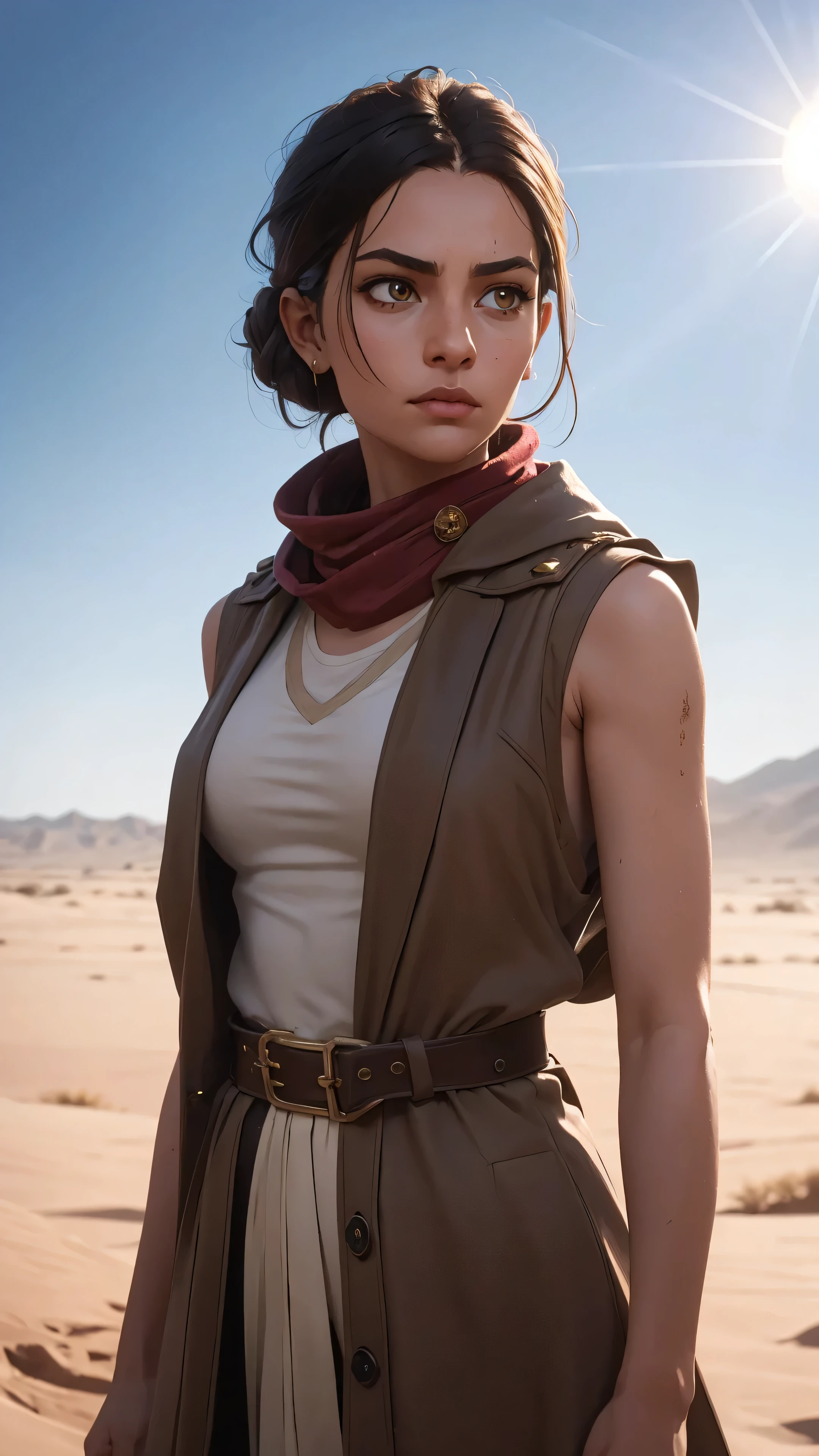 1girl, professional photo of pat32, (wearing dirty beige sleeveles coat), Shemagh scarf, leather bandolier, persian jewelry, hair ribbons, (shamanic persian robe), perfect brown eyes, upper body shot low lighting, moody, large depth of field, warhammer 40k, deep depth of field, highly detailed, (bright, good lighting, bright frontal light), three quarter shot, frontal image, standing in open desert terrain, sun, blue sky, looking to right, (upper body portrait), si-fi communication device on belt, ((soft light illuminating face))