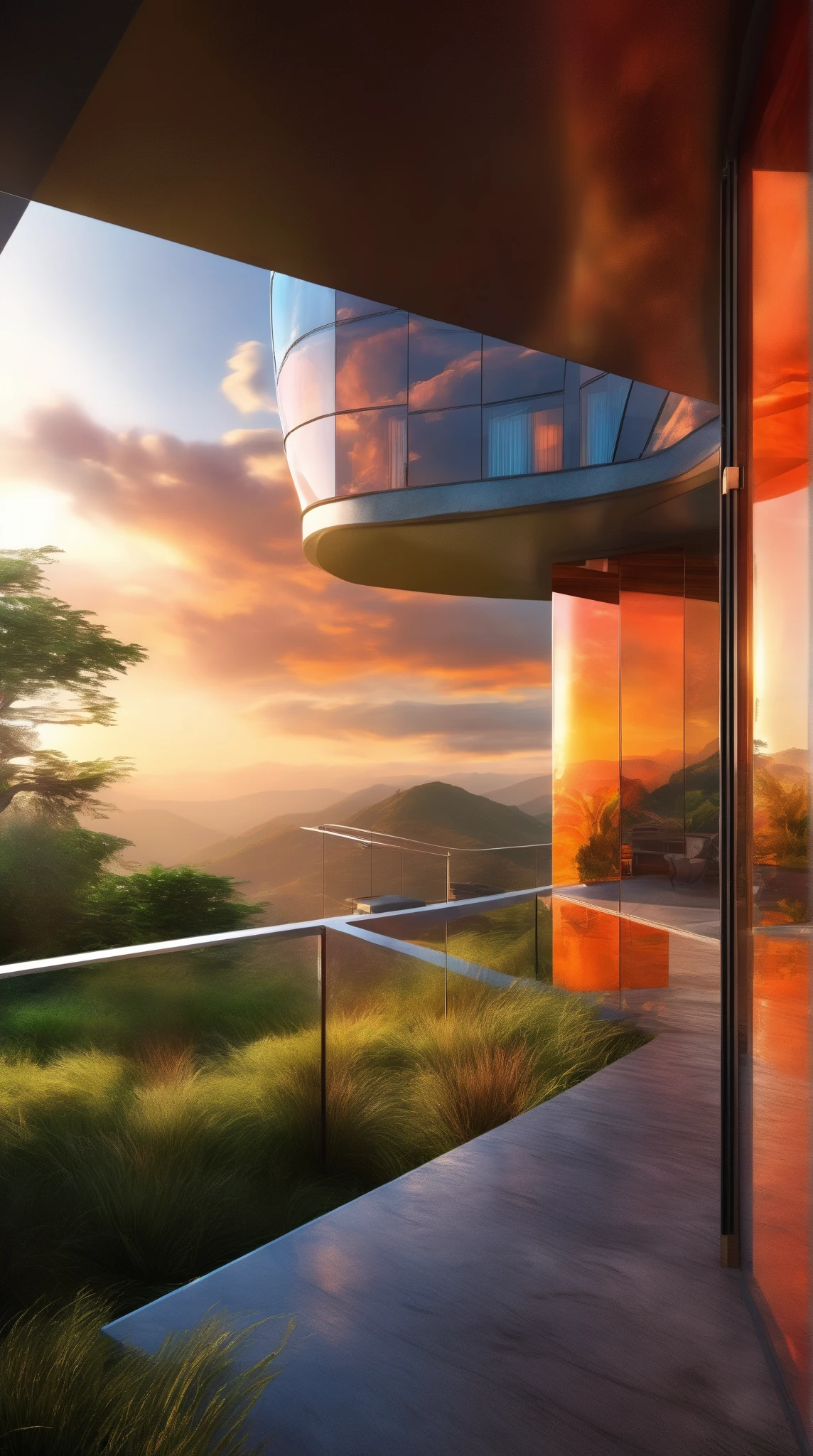 A breathtaking glass building showcasing modern architecture with angular design, reflecting the vibrant orange glow of a sunset against dramatic clouds. Nestled in a mountain landscape adorned with lush greenery and a manicured lawn, a concrete path leads to the structure, bathed in warm sunlight radiating through. The scene captures a fantasy atmosphere with vibrant colors, offering a scenic view from a high viewpoint in a wide-angle perspective, deep depth of field, and balanced exposure. UHD, 8k, digital art, trending, photo-realistic concept art, cinematic light