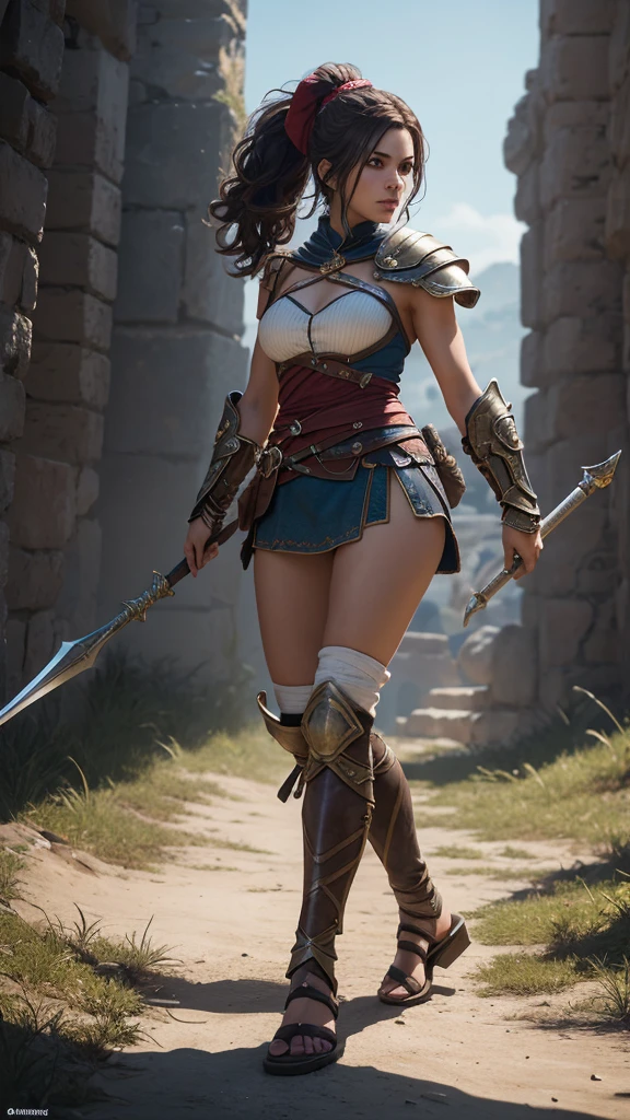a female RPG warrior character with beautifully ornate metal shoulder pads and breastplate, leather bodice and panties and exposed thighs and a longsword anime style art full body front and back