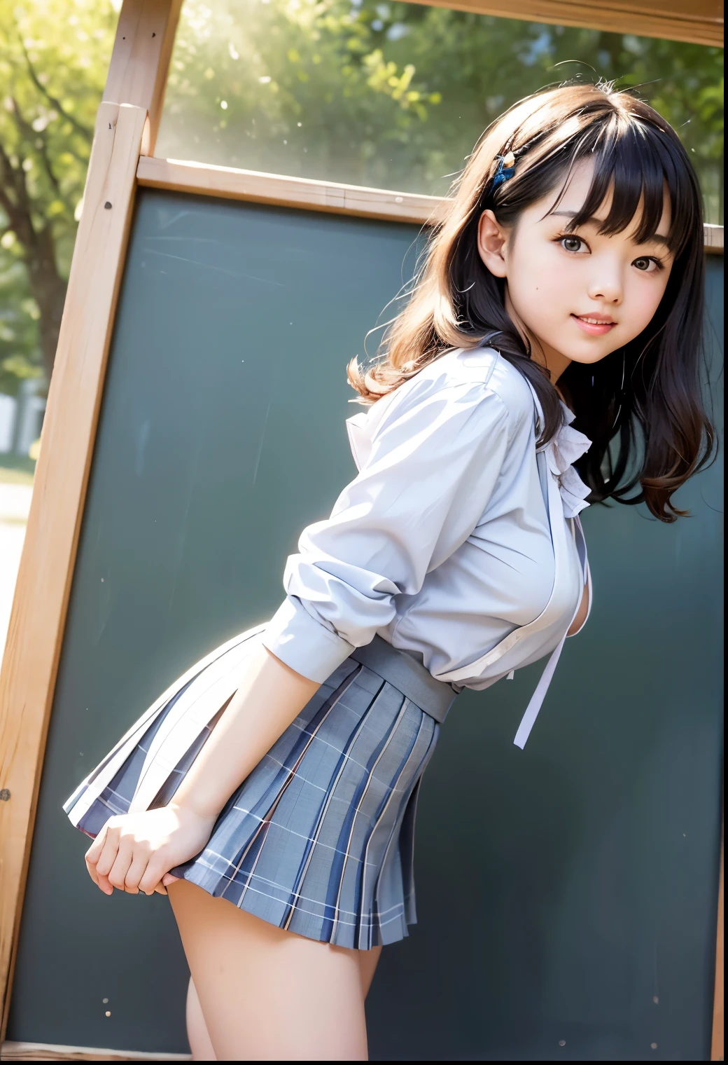 ( Highest quality, masterpiece:1.3, Ultra High Definition),( very well detailed、 caustics) ( exists:1.4, RAW shooting、)Ultra- exists Capture、 very well detailed、 The natural skin texture of the、stands out on the pale blue background 、 masterpiece、( Japanese wearing a blouse and pleated skirt:1.3)、 adorable expression 、Expressions of joy、、: 、baby face、 innocent giingly cute、the blackboard with the tip of the nipple 、 curly hair 、ribbons、 black hair、 Big Breasts、 Glowing Thighs、Shining Ass、 necklaces、On the lakeside in the shade of trees、Background details、smile、 An inviting gaze 、( anatomically accurate)、 cowboy shooting 、 Attention to Details 、 lifts her chest from the bottom with both hands 、