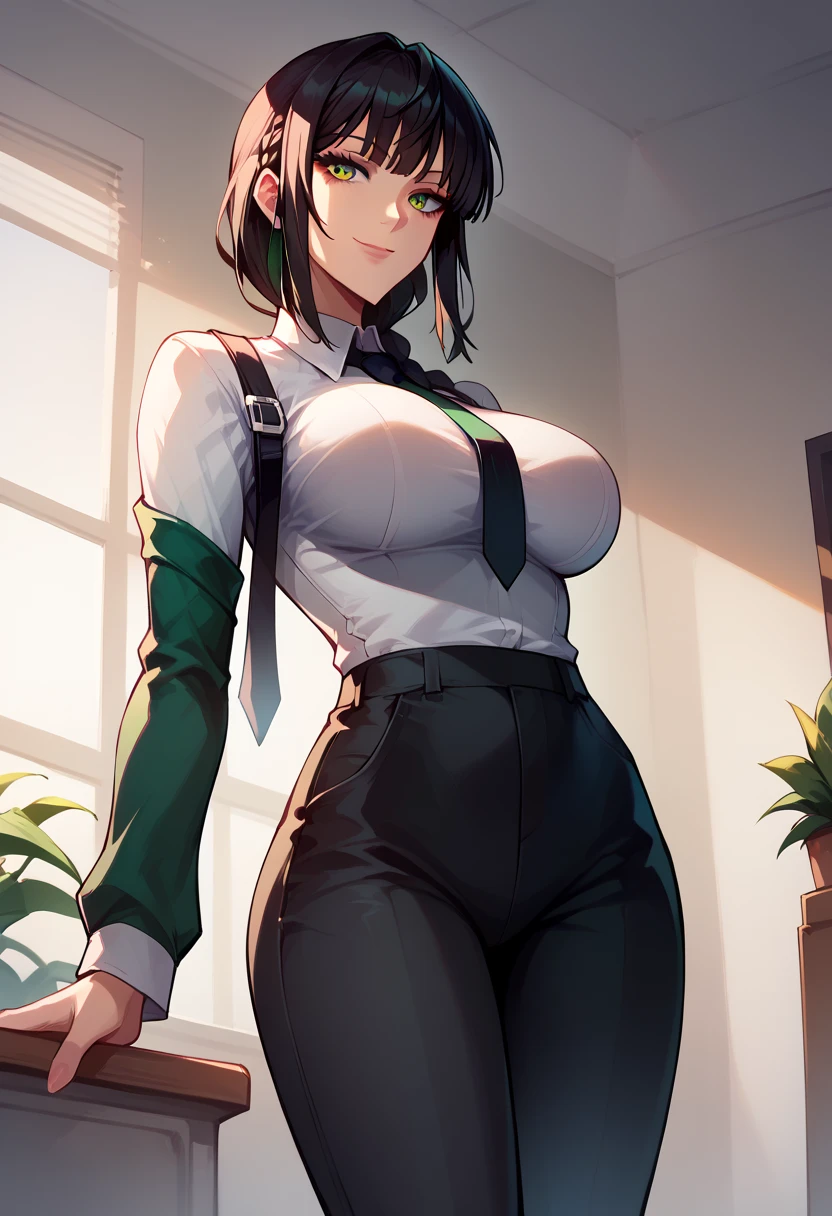 20 year old girl, Bblack hair, greeneyes, shorth hair, muscled body, thick-thighs, wearing a choker, micro skirt