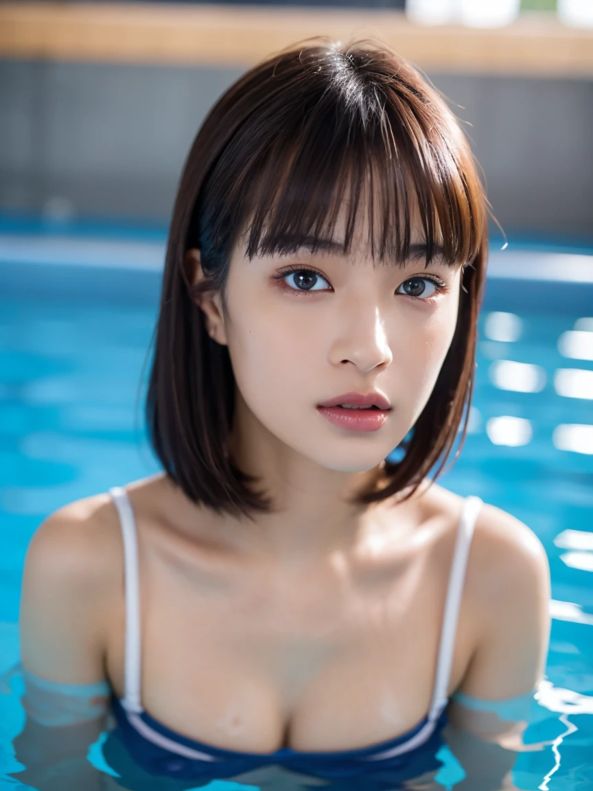 (8K, RAW Photos,Highest quality, High resolution:1.1), (超Realisticな:1.4),(Realistic, Realistic:1.3),The Beauty of Japan、Pool、Swimsuit、((Upper Body:1.3))、Raise your arms to show your sides
