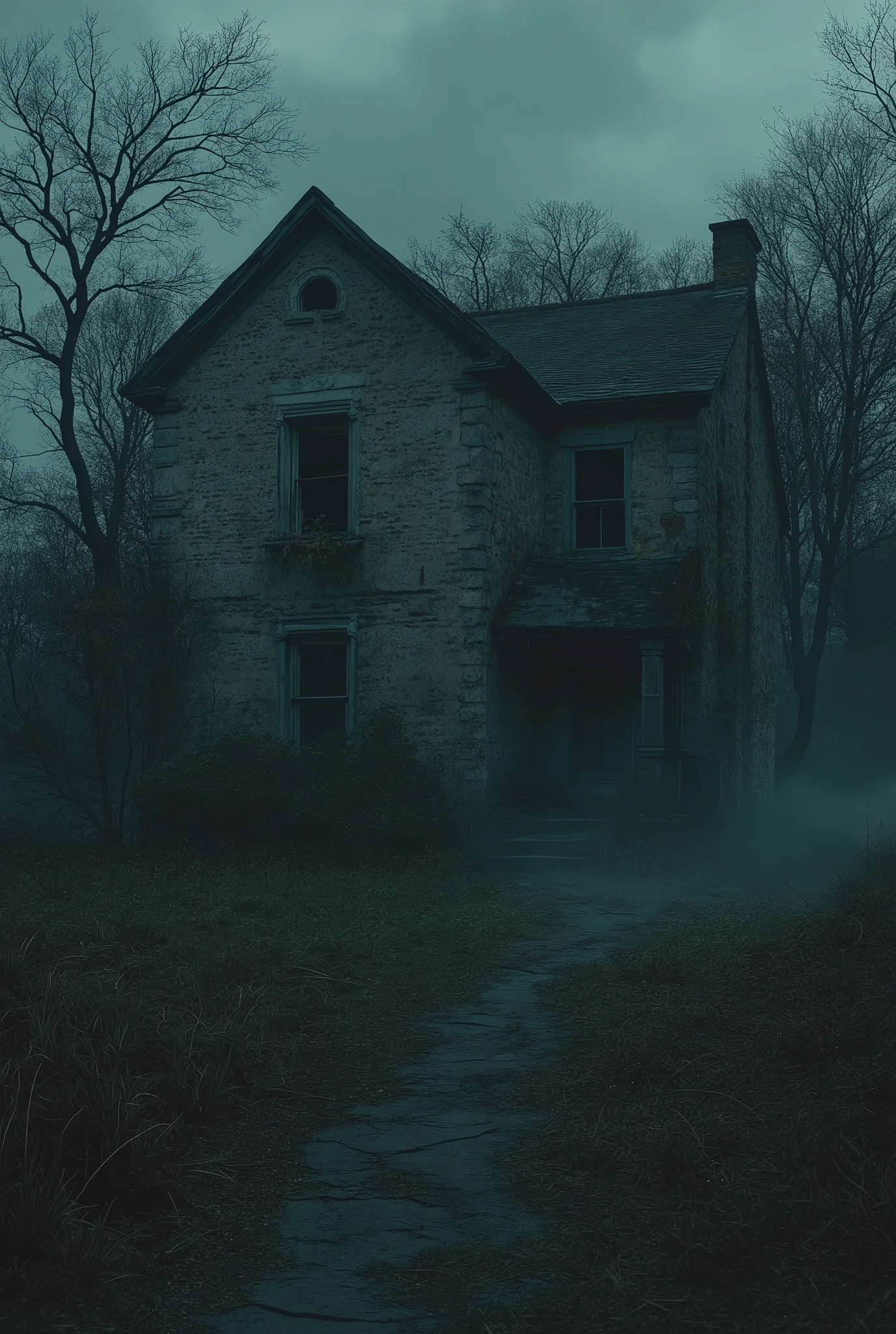 Une maison vieille et abandonnée, avec des murs fissurés et des fenêtres brisées. L’ambiance est sombre, avec un ciel nuageux et une brume légère qui entoure la maison. Des ombres inquiétantes semblent se former dans les coins.
Style : Anime terrifiant, couleurs sombres, atmosphère glauque.
Cadrage : Vue large, légèrement en contre-plongée pour accentuer l’effet oppressant.