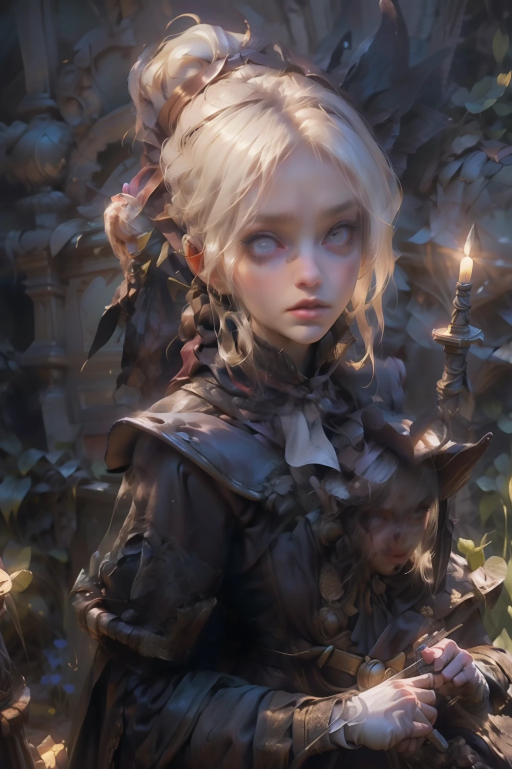 ((best quality)), ((masterpiece)), (detailed), score_9, score_8_up, score_7_up, score_6_up, (1girls), a female occultic knight, witch, knight, wielding a rapier-like sword, perfect face (((mastepiece, of the highest quality, super detailed))), photorealistic, Dark fantasy art, dark fantasy, ((gothic art)), ((Bloodborne inspired)), (Victorian era inspired), (Brotherhood Of The Wolf inspired), (typical witches hat sharing design features of a hunter's cap), (leather trousers with buckles and belts), (occultic vibe), (cosmic horror vibe), (occultic military uniform), (military witch), ((intricate and beautiful cloth and leather clothing)), ((thigh high strapped leather boots)), ((complex buckled leather boots)), (regal and elegant, a person of great social importance), ((mature, foreboding atmosphere)), ((dark and gloomy)), ((((Highly detailed face)))), small thin nose, Small thin lips mouth, (((Very sharp focused eyes))), ((perfect symmetrical beautiful eyes)). looking here, (resolved expression), (resolute expression), (sad face), beautiful (((very small breasts))), (((little boobs))), (((tiny breasts))), (((flat chest:0.1))), (((very tiny boobs))), (((very flat chested))), ((brunette)) hair, ((long ponytail, thick ponytail, heavy ponytail)), very long eyelashes, soft lighting